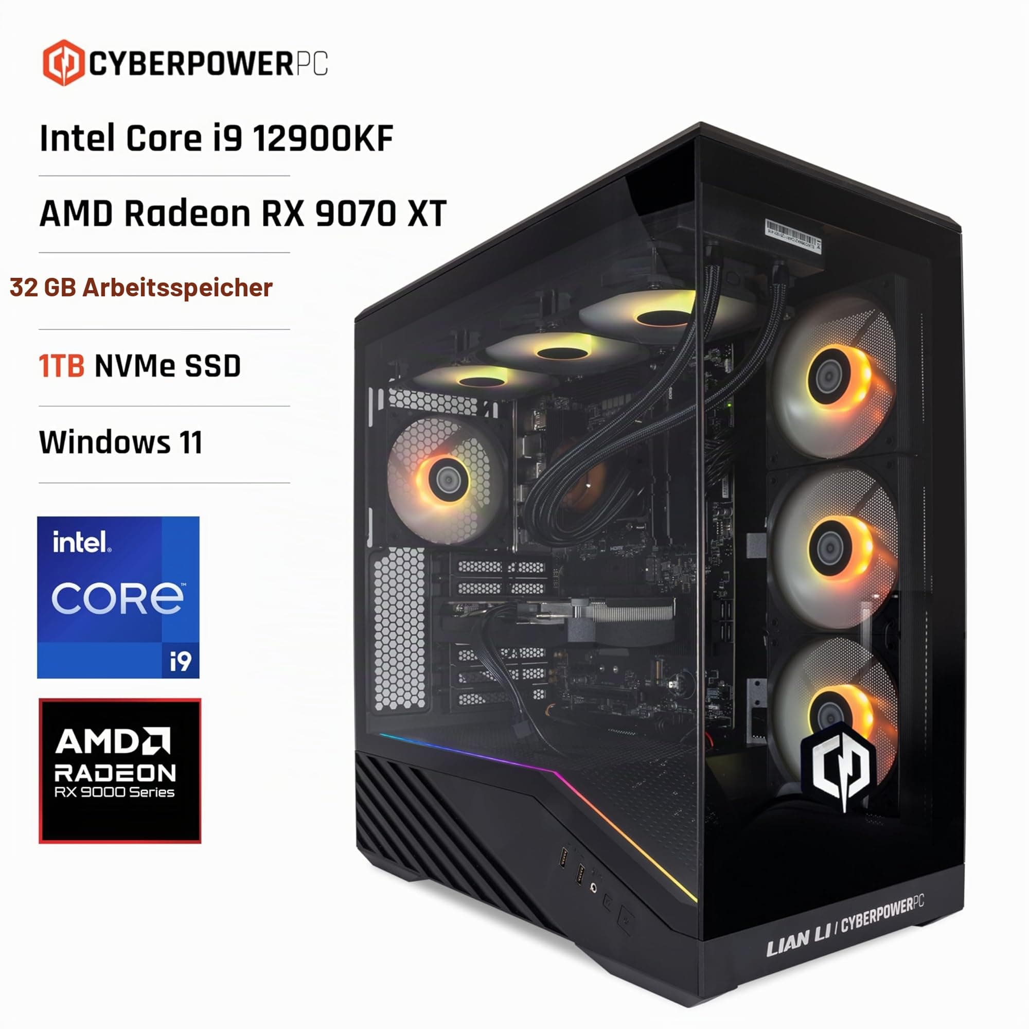 CYBERPOWERPC Luxe Gaming PC - Intel Core i9 12900KF, AMD RX 9070 XT, 32GB RAM, 1TB NVMe SSD, 750W PSU, Windows 11, Liquid Cooling, V100R Intel Core i9 12900KF AMD RX 9070 XT Bild 2