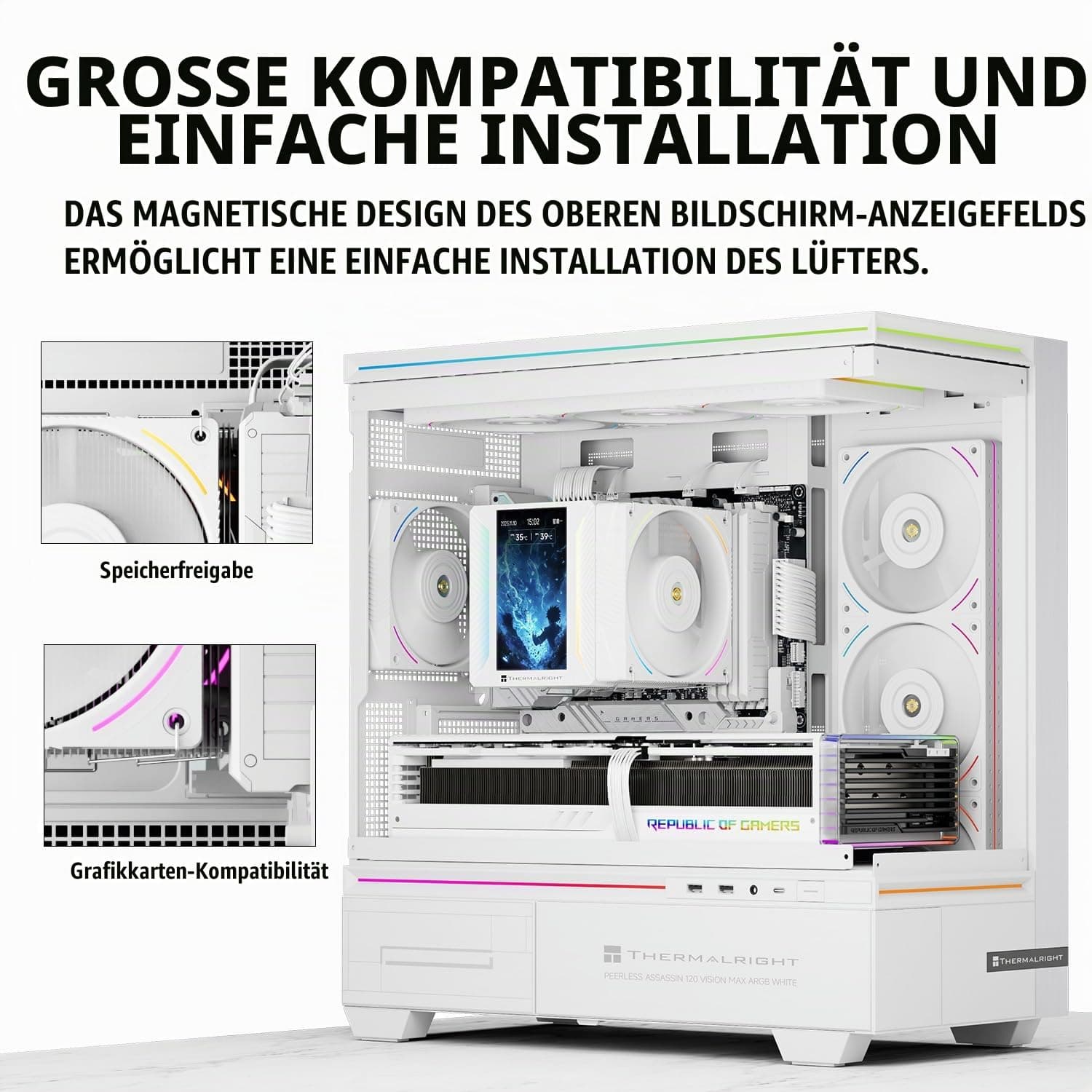 Thermalright Peerless Assassin 120 VISION MAX ARGB White CPU-Kühler, PC-Kühler mit 6 Heatpipes, 5 Zoll magnetischem Display-480x854 Auflösung, für AM4/AM5 und Intel LGA1700/1851 PA120 Vision MAX ARGB White Bild 7