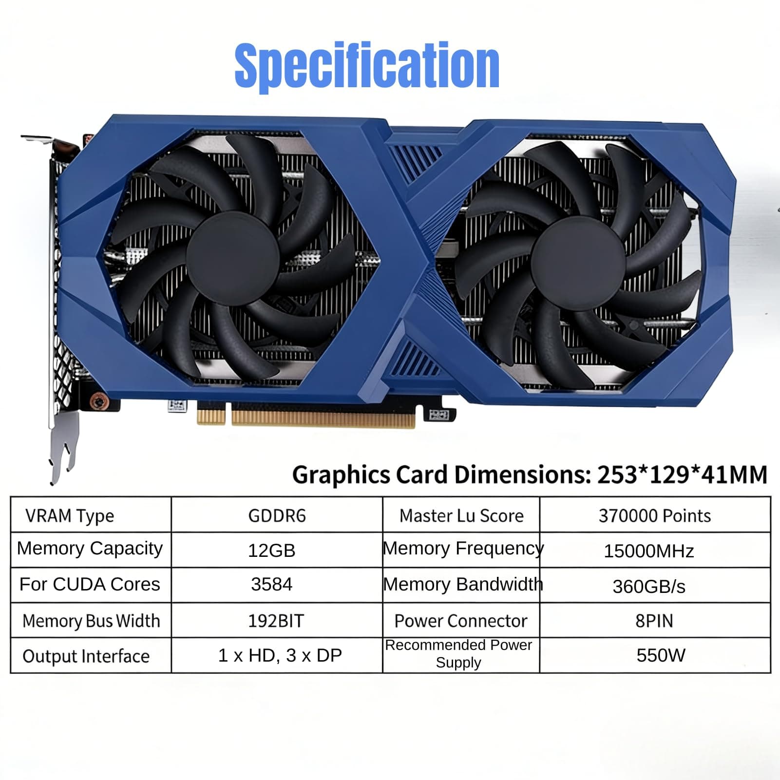 RTX 3060 12GB Gaming Grafikkarte (Nvidia GeForce) GDDR6 192 Bit, PCIe 4.0, 1x HDMI, 3X DisplayPort, 15000MHz, PC Grafikkarte mit Dual-Lüfter-Kühlung für Wins 7/8/10 Bild 5
