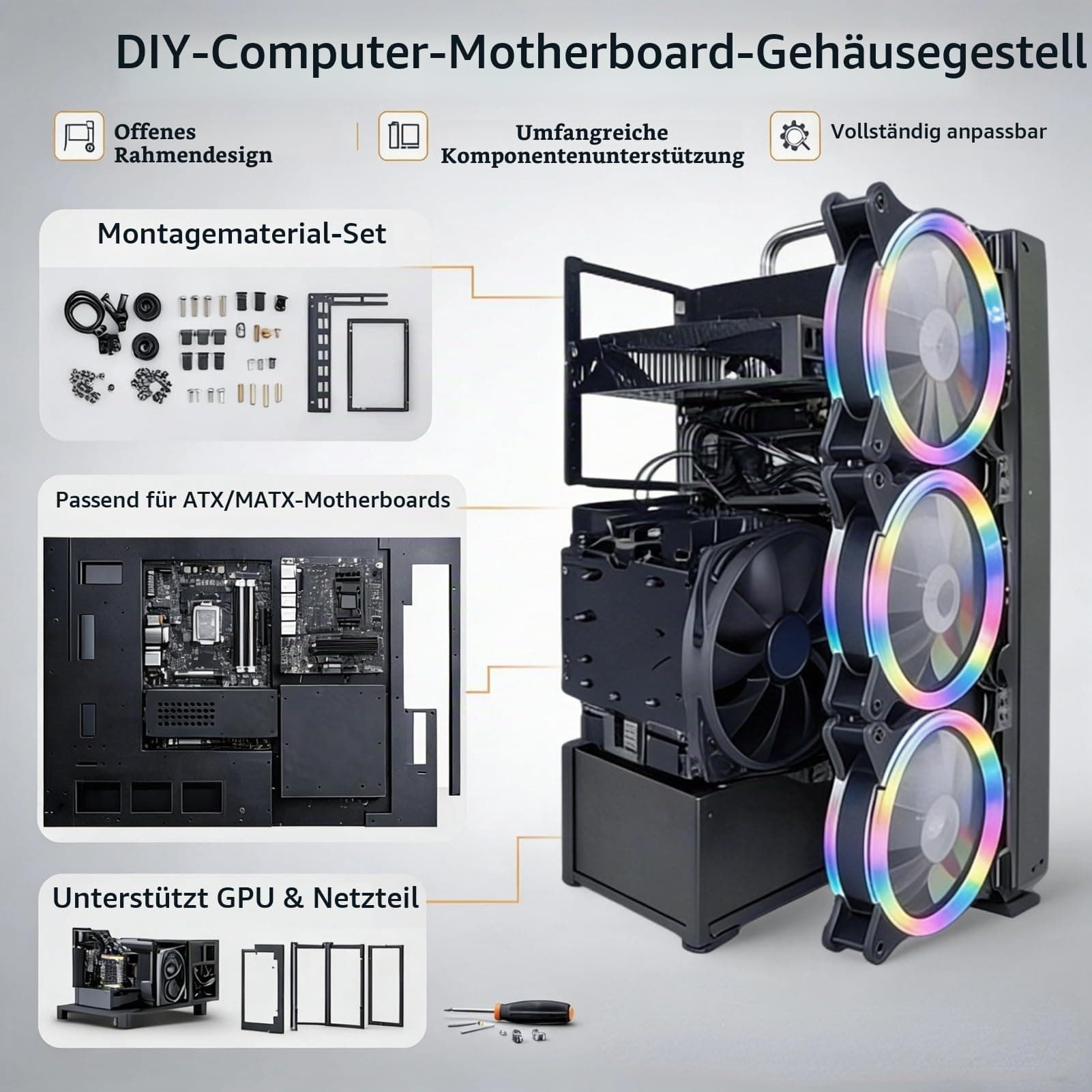 DIY-Gaming-Computer-Gehäuse-Rack, Leistungsstarkes, Kühlendes Stahlplatten-Computer-Offenes Gehäuse-Rack, Offenes ATX-Motherboard-Rack für Computer, Offenes at Bild 7