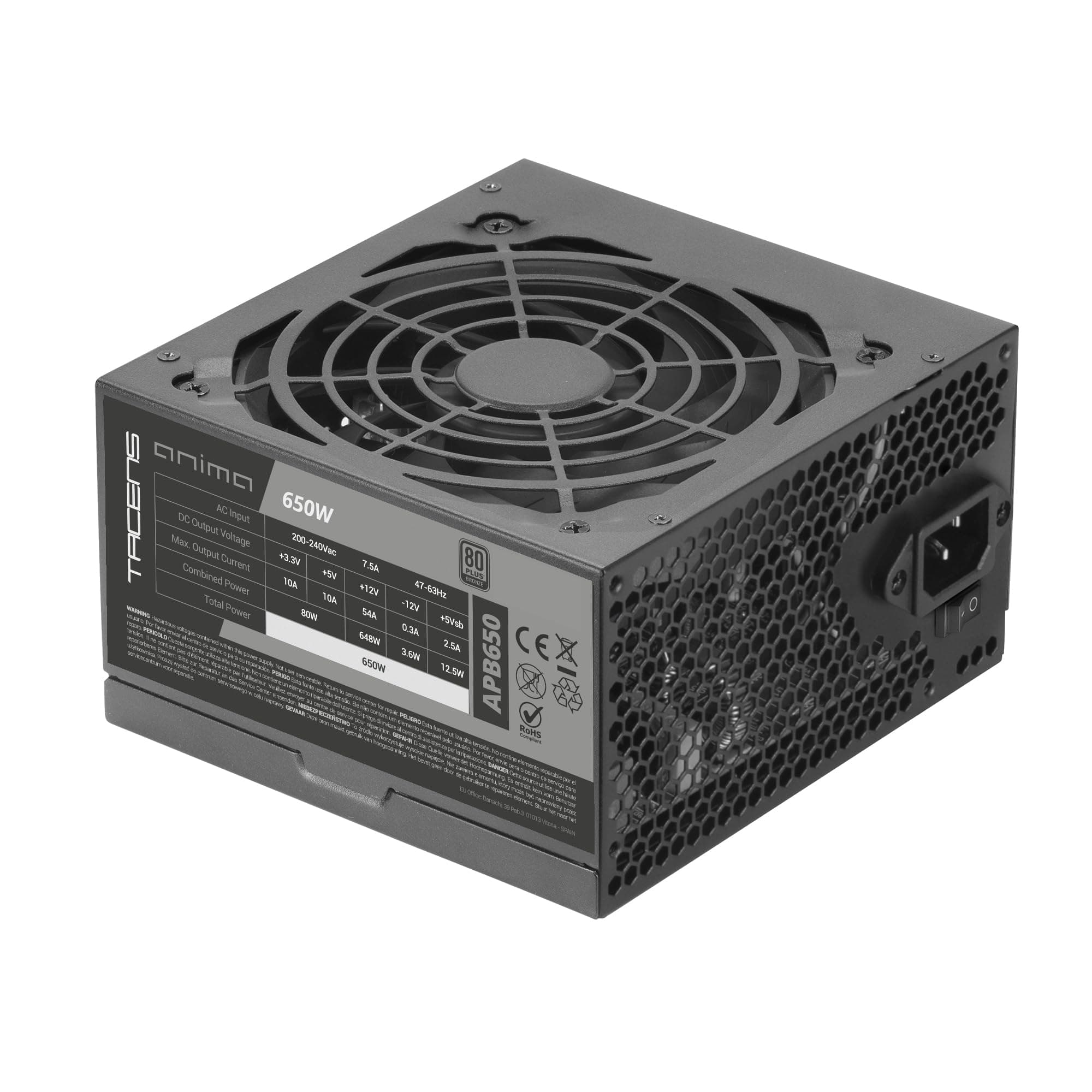 Tacens Anima APB650, PC ATX Netzteil 650W, 80Plus Bronze Zertifizierung, 85% Effizienz, SMD- und DC-DC-Technologien, Ultra-leiser 12cm Lüfter, Extra-Lange Flachkabel, Komplett in Schwarz Bild 5