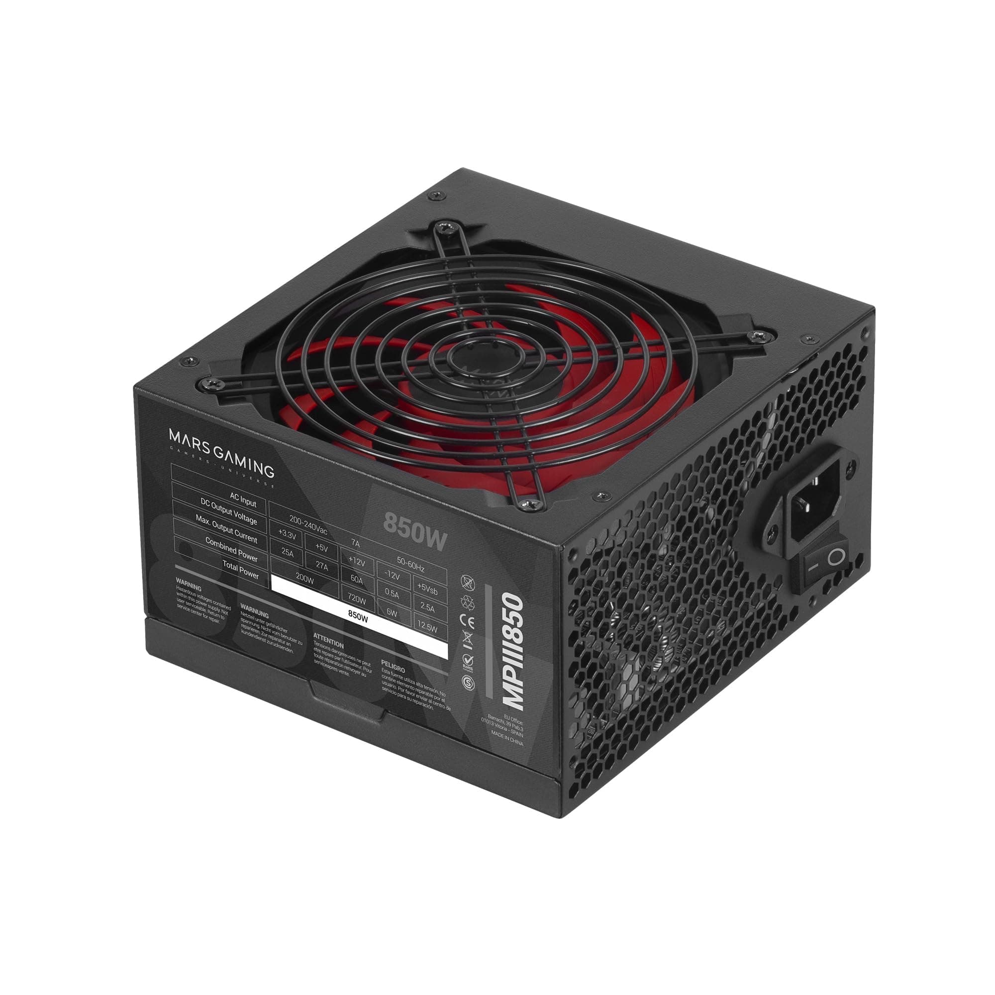 Mars Gaming MPIII850, PC-Netzteil ATX 850W, 5 Jahre Garantie, 85% Effizienz, Digitales APFC-System, 120 mm FDB-Lüfter mit AI-RPM, DC und SMD-Technologie, Extra Lange Flachkabel, Schwarz