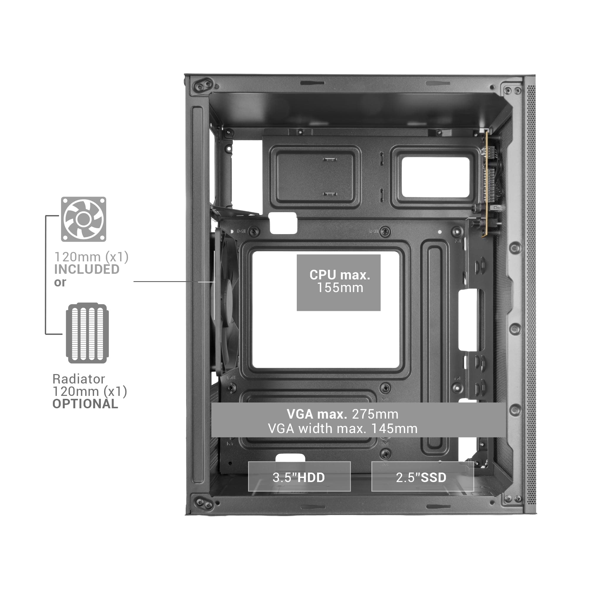 Mars Gaming MC-MESHPRO, MicroATX- und Mini-ITX-PC-Gehäuse, AirMesh Pro System, Mesh-Panels aus Japanischem Stahl, 120mm PWM FDB Rücklüfter, Unterstützung Flüssigkeitskühlungen 120mm, USB-C, Schwarz Bild 7