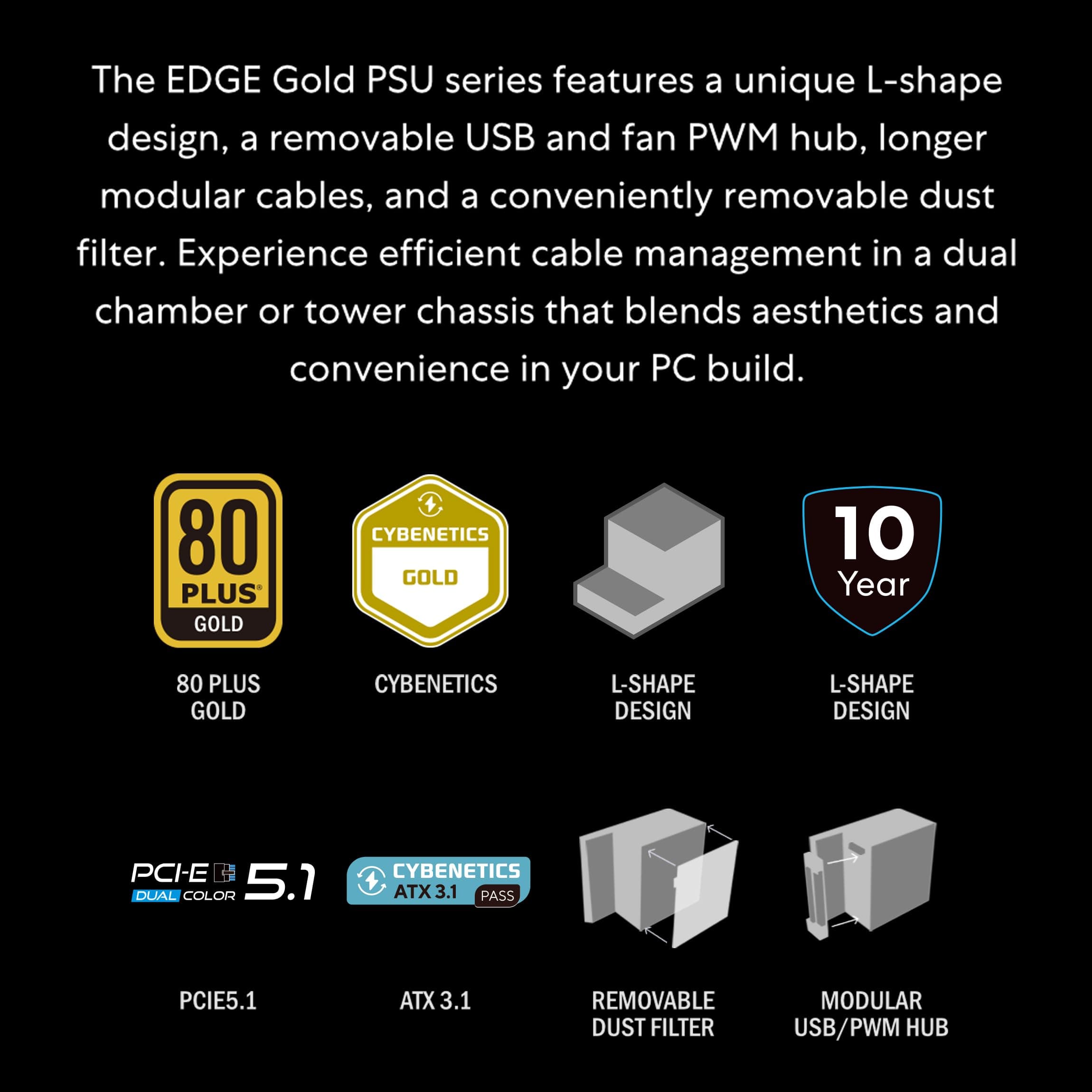 Lian Li Edge Series-750W Full Modular Power Supply-Gold-ATX 3.1-PCIE 5.1-L-Form Design für Dual Chamer Gehäuse - Ohne USB/Fan Hub - Weiß (EG0750G.B) 750W Gold ATX Black Bild 7