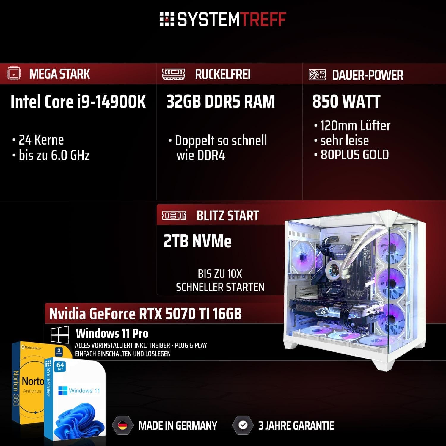SYSTEMTREFF High-End Gaming PC weiß Intel Core i9-14900K 8x6GHz | Nvidia RTX 5070 TI 16GB | 2TB M.2 NVMe | 32GB DDR5 RAM | Windows 11 | Desktop Computer Rechner für Gamer, Zocker & Streamer Bild 2