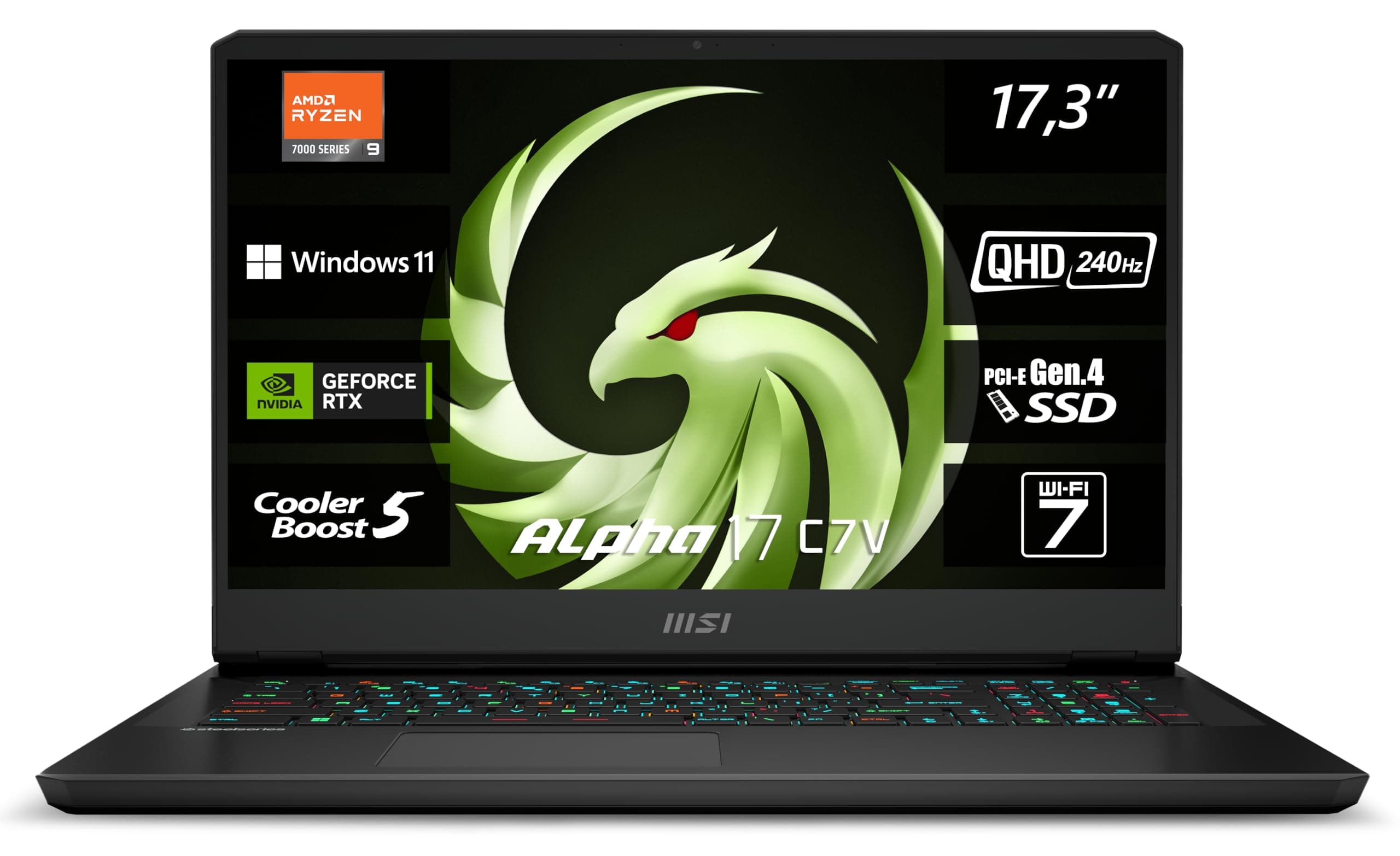 MSI Alpha 17 C7VG-031, Gaming Laptop, 43,9 cm (17,3 Zoll) QHD, 240 Hz, AMD Ryzen 9 7945HX, 32 GB DDR5-5200, 1 TB SSD, NVIDIA GeForce RTX 4070, Windows 11 Home, QWERTZ Tastatur, Schwarz Ryzen 9 RTX4070 8GB