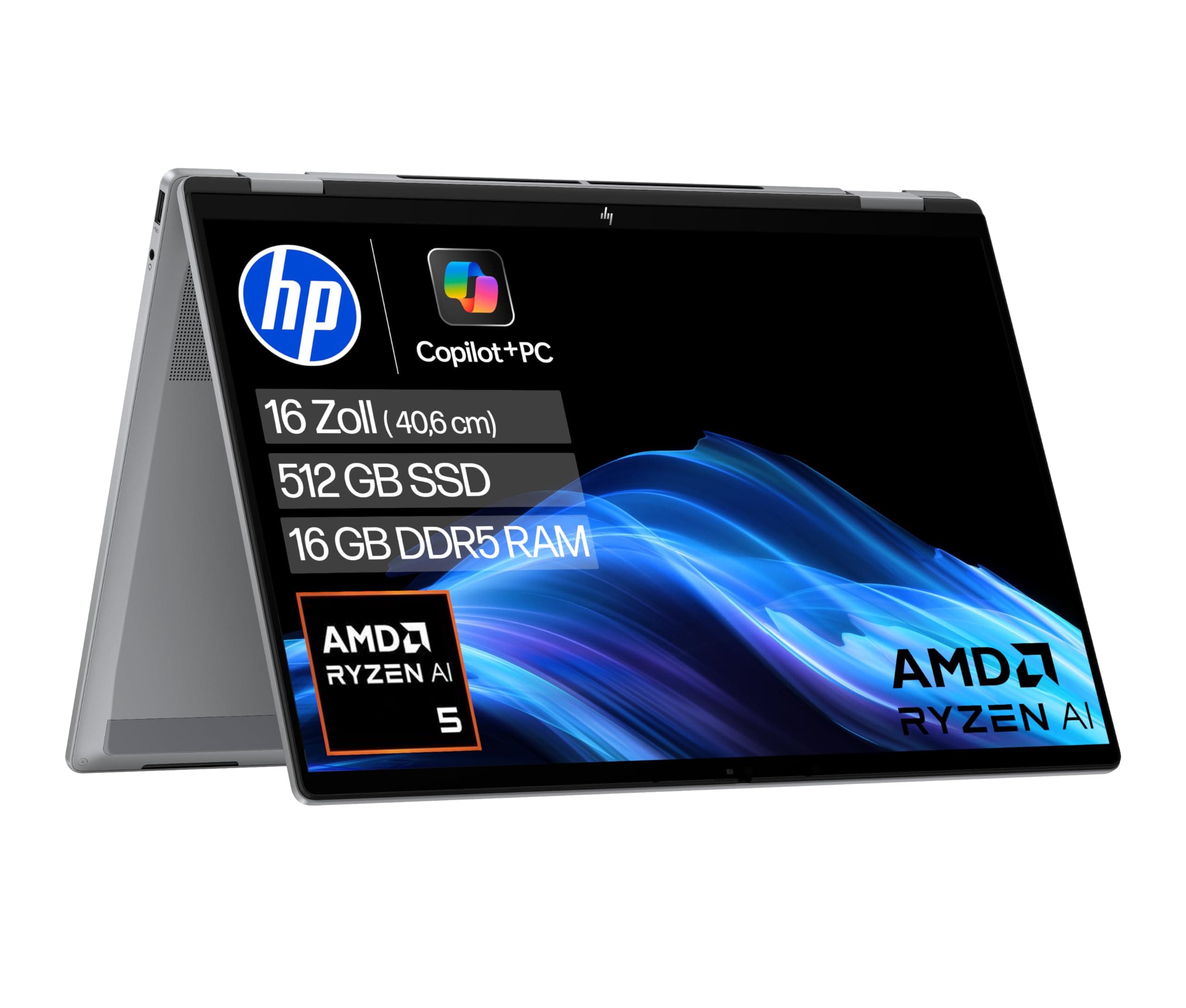 HP OmniBook X Flip 2in1 Next Gen AI Laptop | AMD Ryzen AI 5 340 (6C) | dedizierte NPU für KI | 50 NPU Tops | Copilot+ PC | 16" WUXGA 1920x1200 Touchscreen | 16GB | 512GB SSD | Win11 | QWERTZ | Silber AMD Ryzen AI 5 340 512 GB SSD