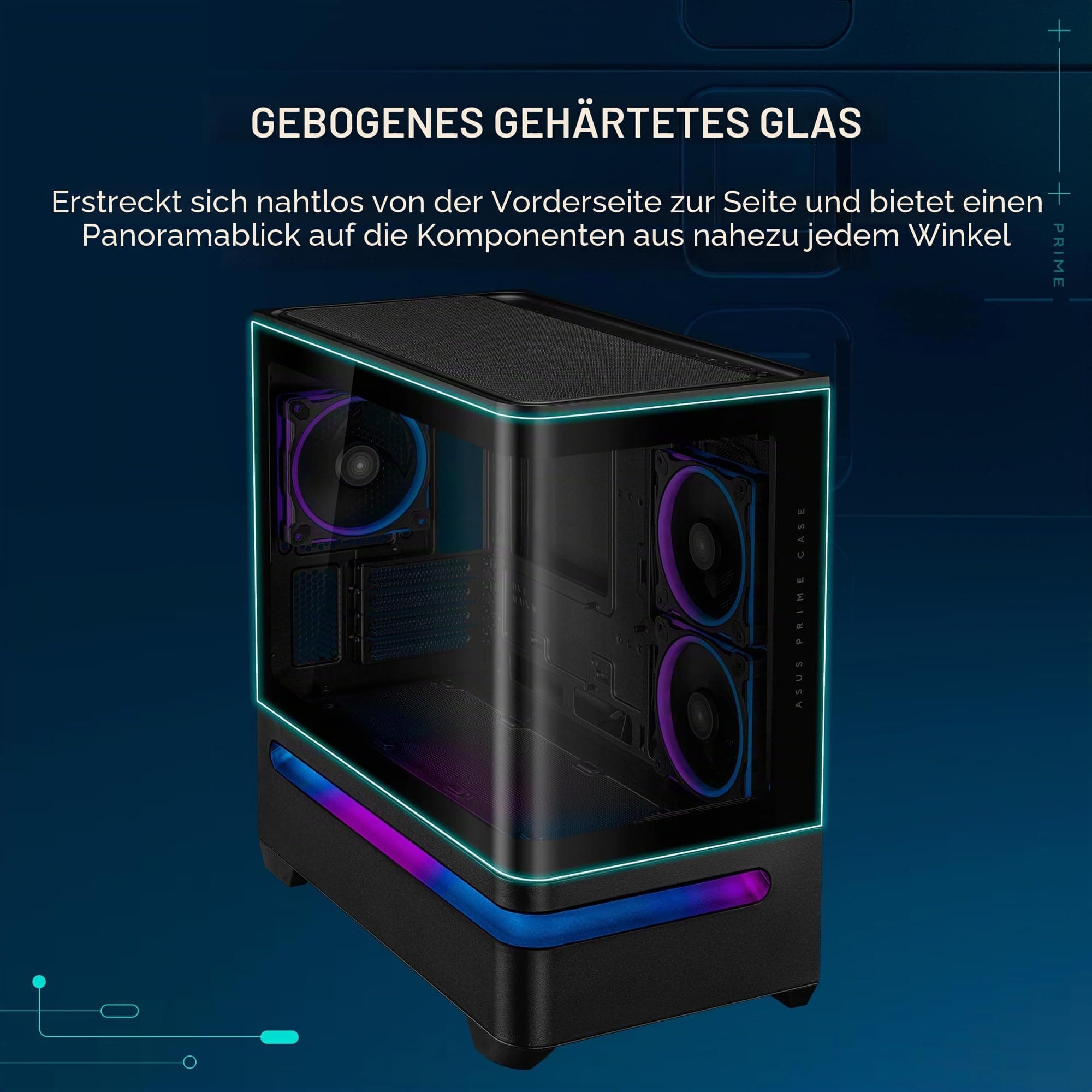 ASUS Prime AP202 mATX PC Gehäuse, Stahl, Mid-Tower, Schwarz(gebogenes Panorama Glaspanel, Aura Sync, GPU bis zu 420mm, Installation von bis zu neun 120mm-Lüftern,patentiertes Airflow-Design,Slot-Vent) Bild 3