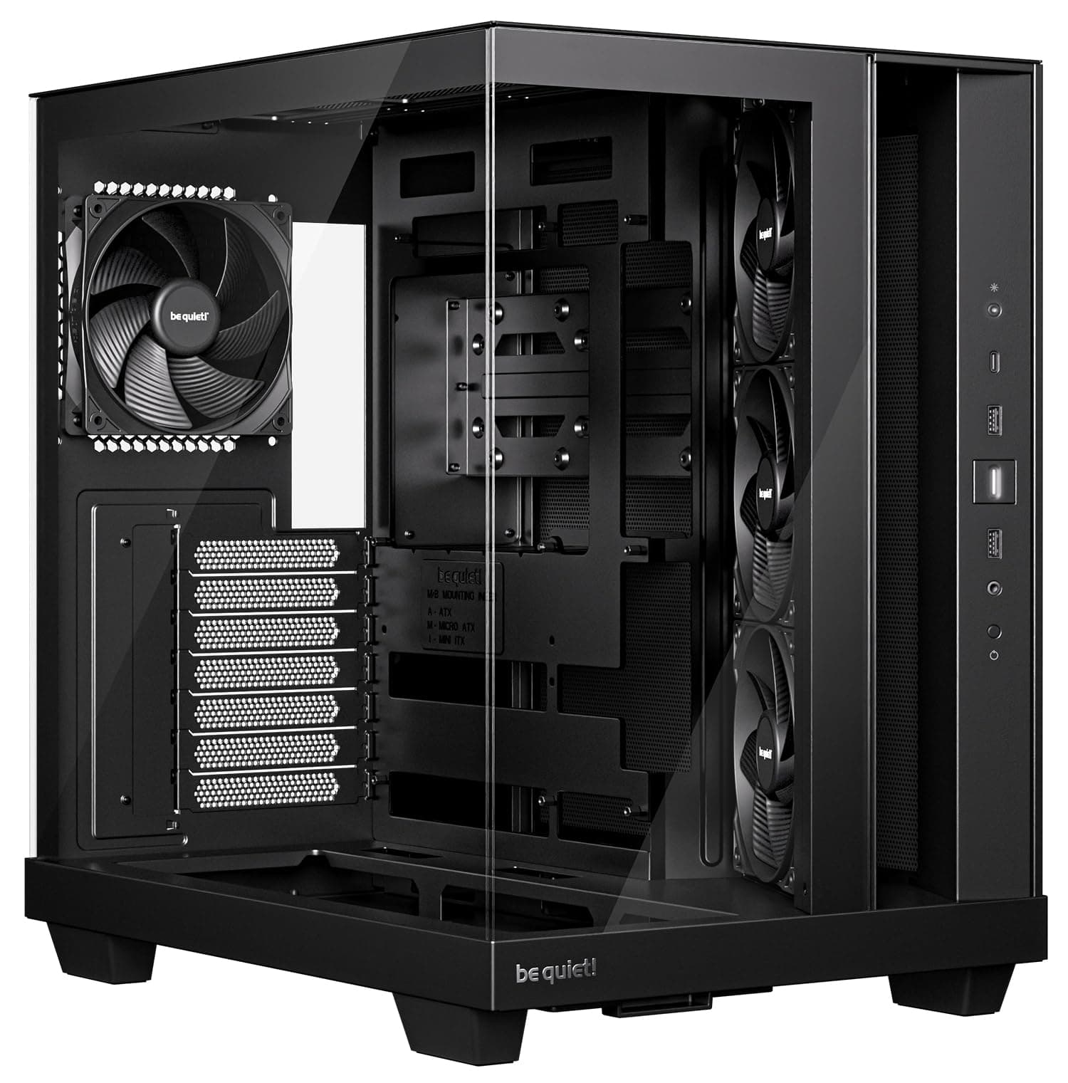 be quiet! Light Base 500 Black PC-Gehäuse, vollständig verglaste Front und Seitenfenster, Show Case, Dual Chamber Design, 4 Pure Wings 3 PWM-Lüfter, kein RGB, Anschlussdesign auf der Rückseite Bild 2