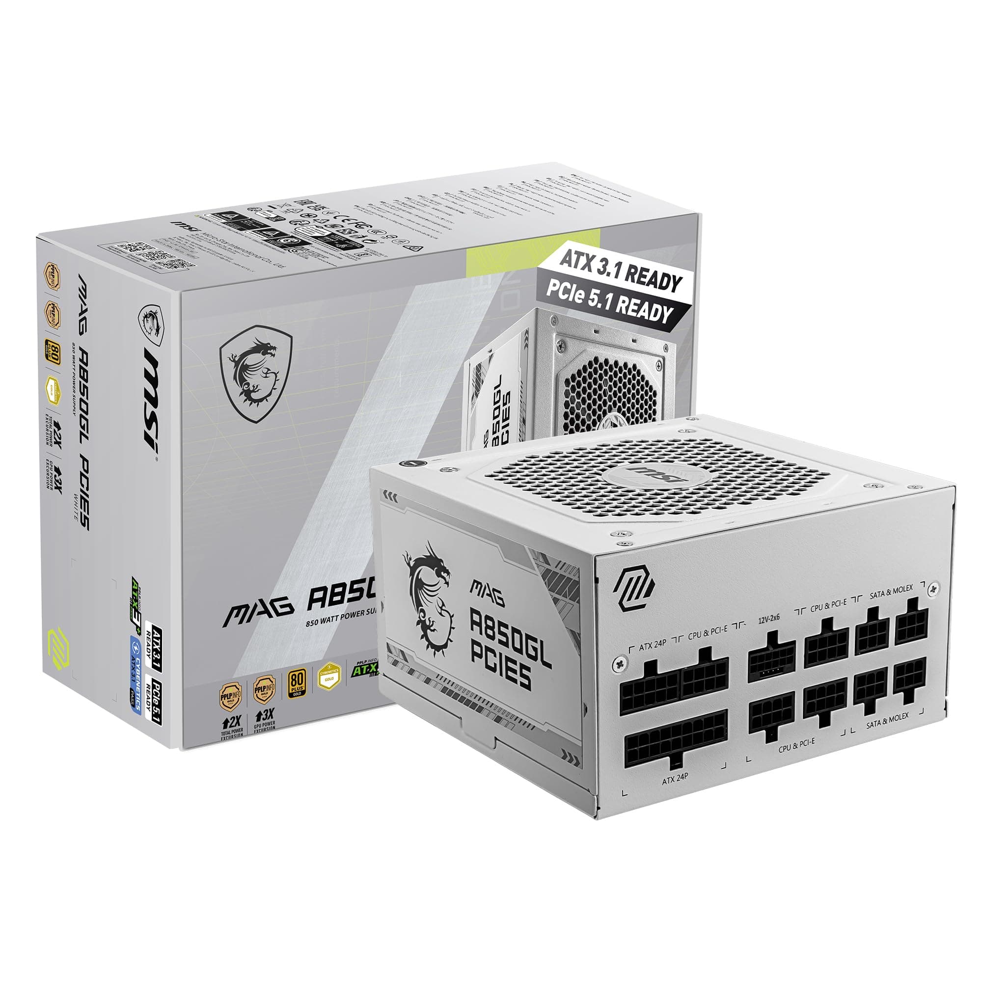 MSI MAG 850GL PCIE 5 White Gaming Netzteil – voll modular – 80 Plus Gold Zertifiziert 850 W – kompakte Größe – ATX-Netzteil MAG A850GL PCIE5 WEISS