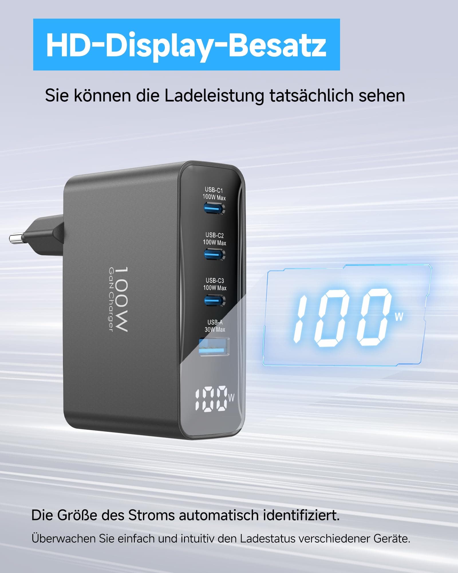 100W USB C Ladegerät, 4-Port Schnellladegerät mit LED Display, USB-C Netzteil GaN Charger PD/PPS für MacBook Pro/Air, für iPhone 17/16 Pro/iPad, Galaxy S25/S24, für HP/Lenovo/Acer/Lpatop, Schwarz EU-Stecker Schwarz Bild 5
