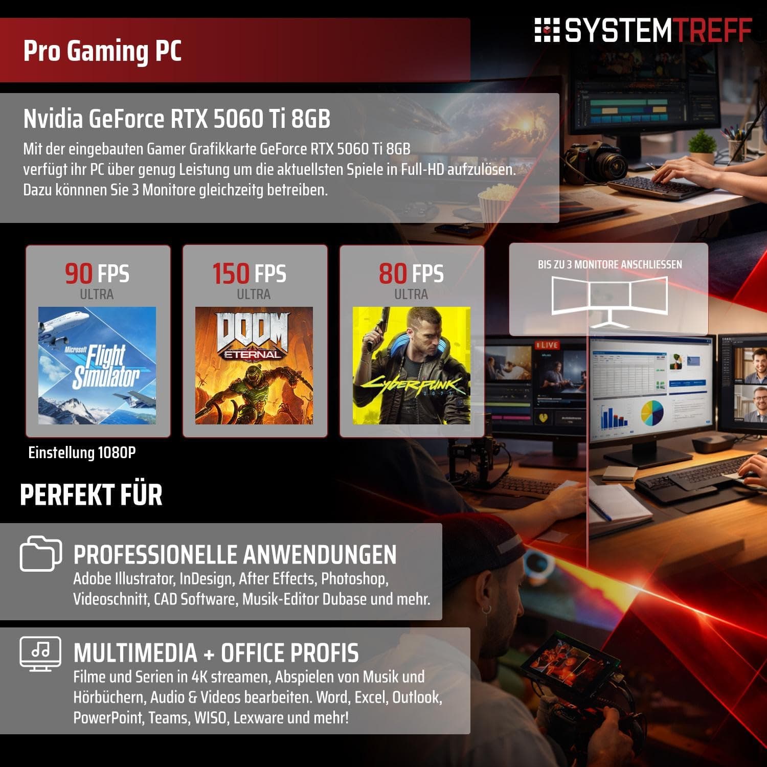 SYSTEMTREFF Gaming PC weiß AMD Ryzen 5 7500F 6x5GHz | Nvidia RTX 5060 Ti 8GB DX12 | 1TB M.2 NVMe | 16GB DDR5 RAM | Windows 11 | WLAN Desktop Computer Rechner für Gamer, Zocker & Streamer Bild 5