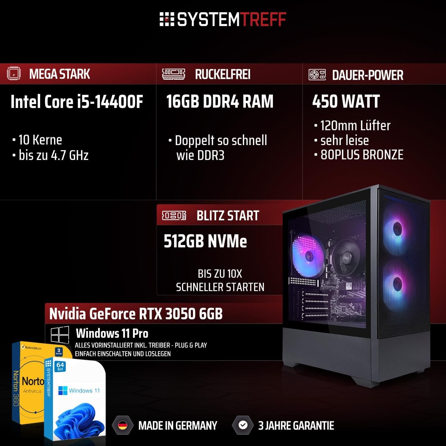 SYSTEMTREFF Basic Gaming PC Intel Core i5-14400F 6x4.7GHz | Nvidia RTX 3050 6GB DX12 | 512GB M.2 NVMe | 16GB DDR4 RAM | Windows 11 | WLAN Desktop Computer Rechner für Gamer, Zocker & Streamer Bild 2