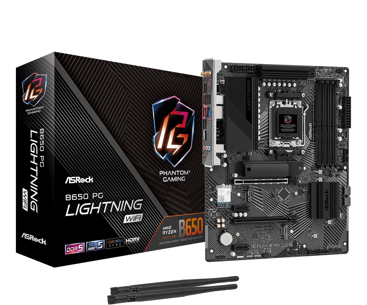 ASRock B650 PG Lightning WiFi Sockel AM5 ATX Motherboard, unterstützt AMD Ryzen 9000/8000/7000 Series, DDR5 7200+ (OC), PCIe Gen5 M.2, WiFi 6E, 2.5G LAN