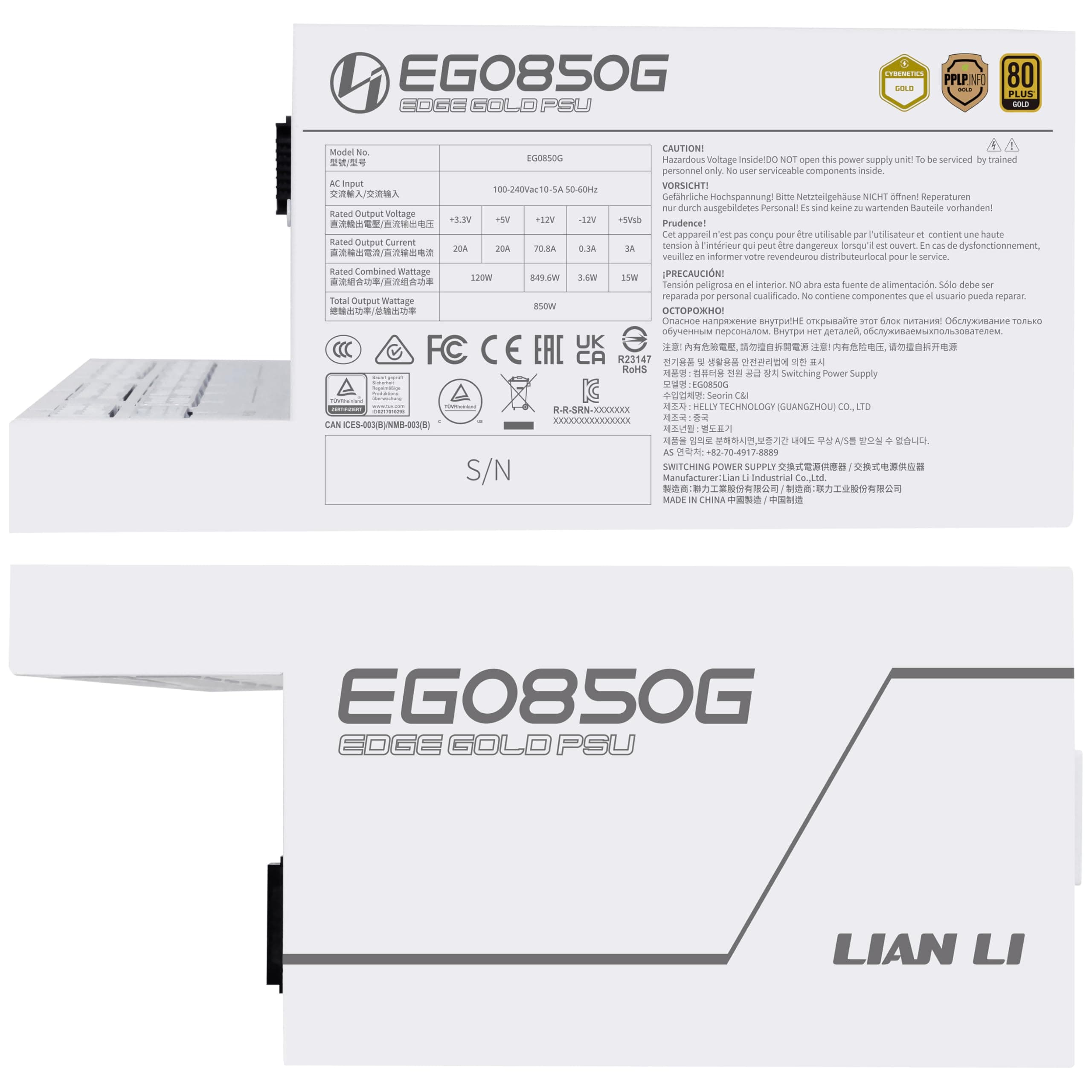 Lian Li Edge Gold 850 PC Netzteil Weiß, 850 Watt ATX Netzteil, PCIe 5.1, ATX 3.1 PSU | 80 Plus Gold, modular, Sleeved Cable Kit, 12VHPWR für NVIDIA RTX, leiser Lüfter 850W Weiß Bild 5
