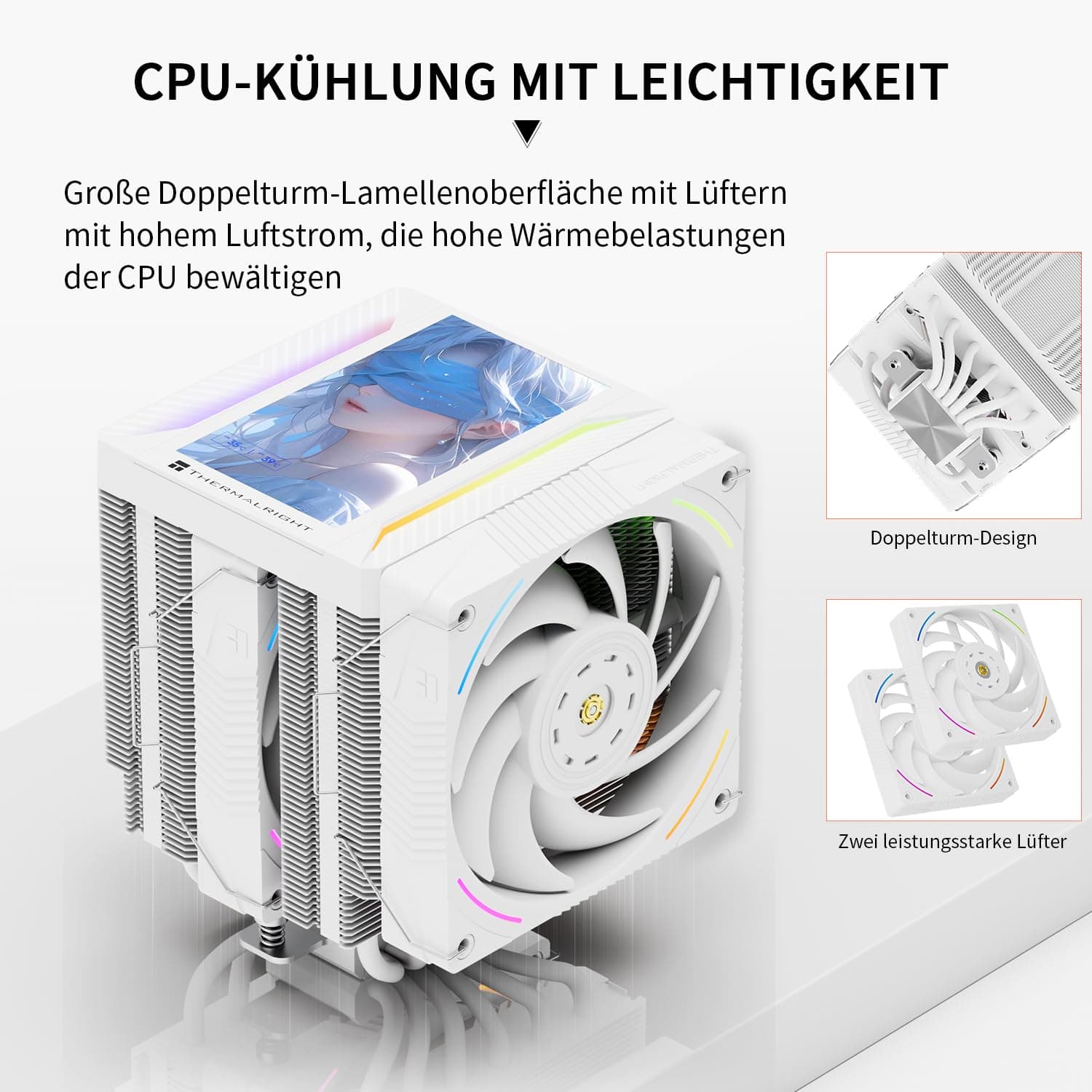 TR Peerless Assassin 120 VISION MAX ARGB White CPU-Luftkühler, PC-Kühler mit 2x TL-K12 PWM-Lüftern, 5 Zoll magnetischem Display (480x854 Auflösung), für LGA1851/1700 & AM5 PA120 V MAX ARGB WHITE Bild 3
