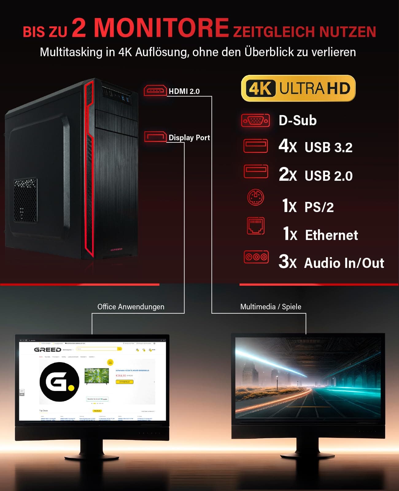 Greed® Multimedia V2 PC mit AMD Ryzen 5 5500GT - Schneller Rechner + Computer für Büro & Home Office mit 4,4 GHZ, 16 GB RAM/Arbeitsspeicher - 1TB SSD - DVD+RW - USB3.1 - WLAN, inkl. Windows 11 Pro Multi | V2 AMD Bild 5