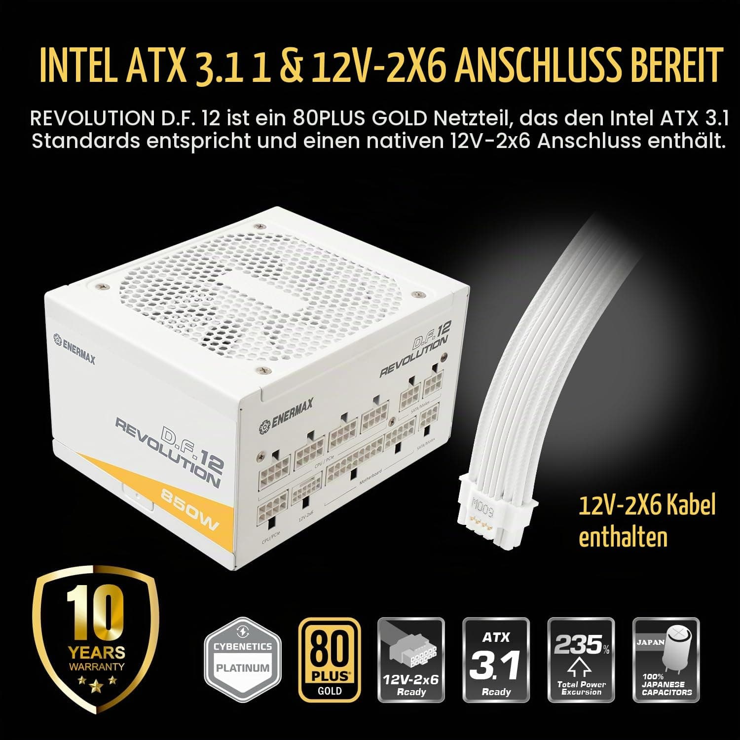 ENERMAX Revolution D.F. 12 ATX3.1 PCI-e 5.1 Ultrakompakt 850W Netzteil 80Plus Gold Snow White (Vollmodular, 50% Semi-Fanless, 12V-2x6); ETV850G-W, weiß Bild 3