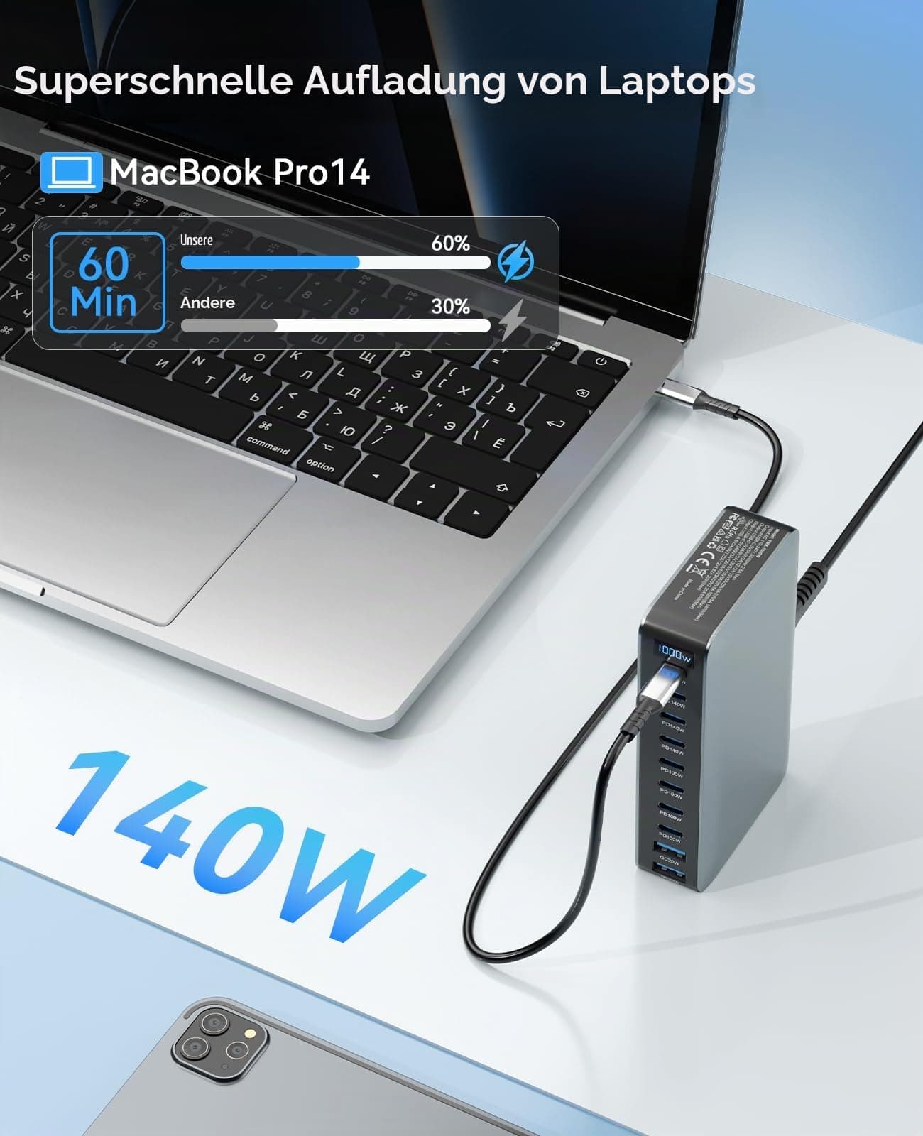 1000W USB C Ladegerät GaN4 10-Ports Desktop Ladestation PD Charger 140W Schnellladegerät mehrfach unterstützt PPS kompatibel mit MacBook Pro/Air, iPhone Serien, Galaxy Serien usw Bild 7