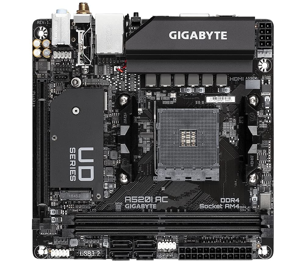 GIGABYTE A520I AC Motherboard - Unterstützt AMD Ryzen 5000 Series AM4 CPUs, 6 Phasen Digital VRM, bis zu 5300MHz DDR4 (OC), 1xPCIe 3.0 M.2, WiFi, GbE LAN, USB 3.2 Gen1 Bild 3