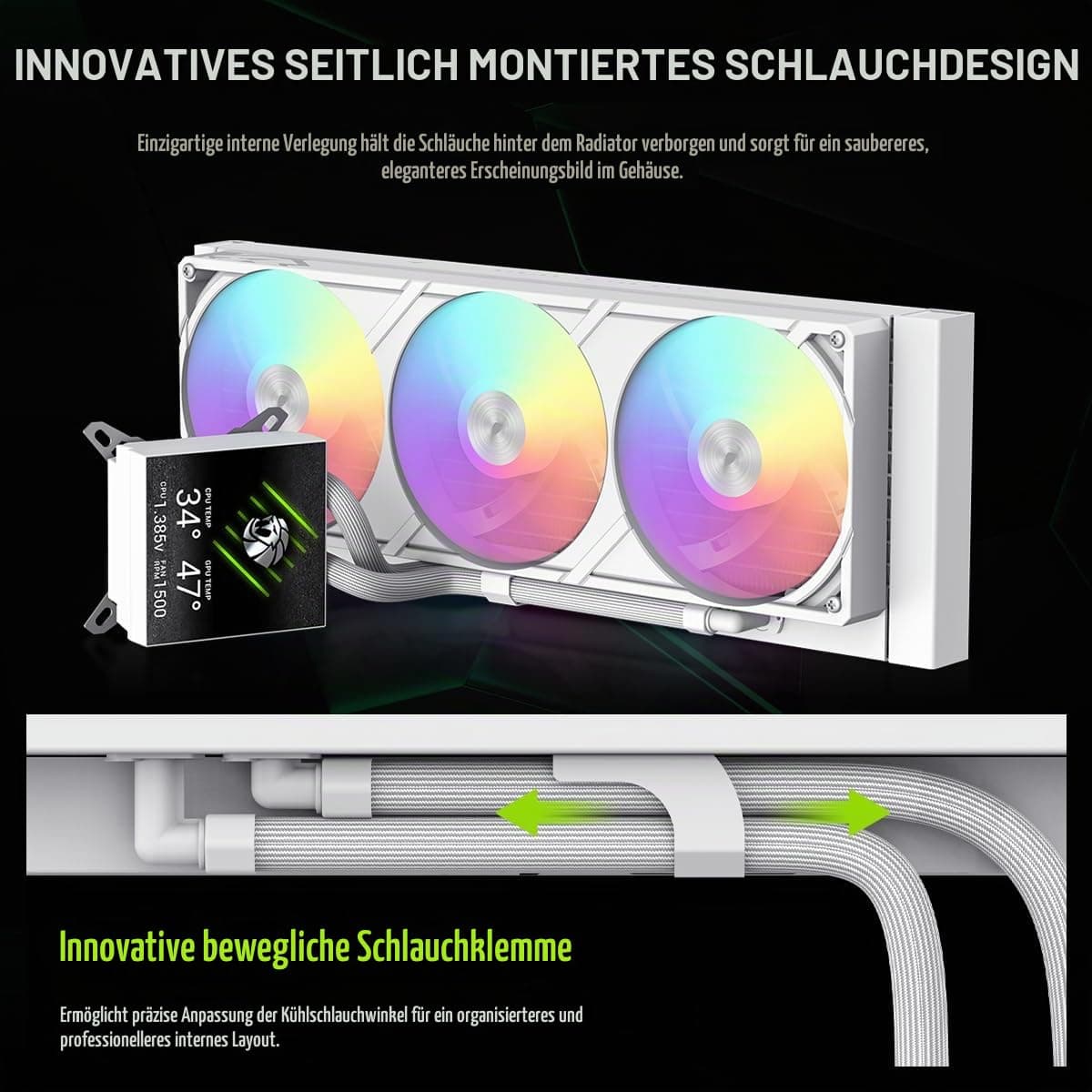 GAMEMAX GLACIER 360 WH AIO Flüssigkeits CPU Kühler, 360mm Radiator, 3,95" 720×720 LCD-Display, seitliche Schlauchführung, magnetisches Display, Intel & AMD kompatibel (Weiß) Bild 5