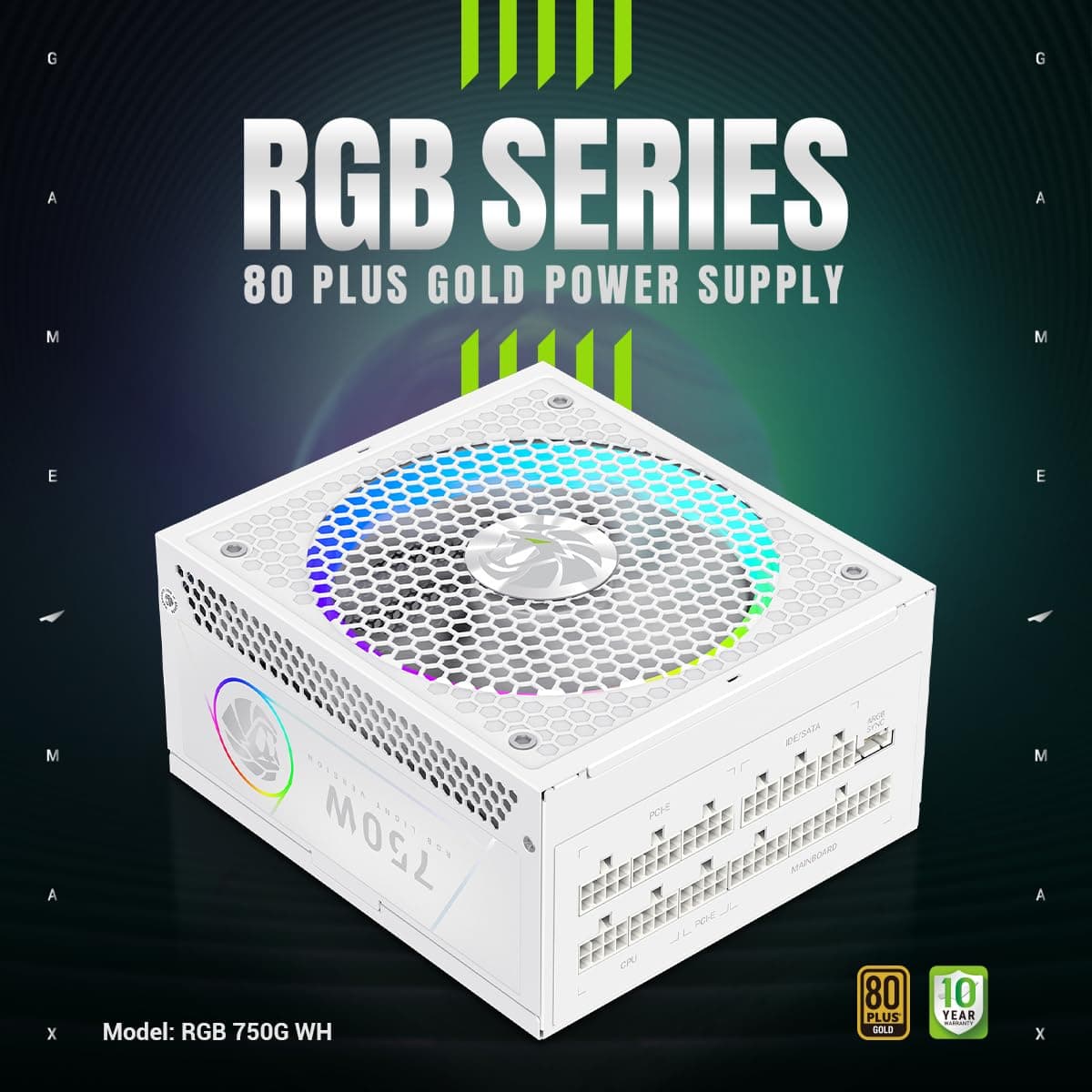 GAMEMAX RGB 750G WH Netzteil PC 750W Vollmodulares, 80 Plus Gold, LLC+DC‑DC, ARGB Sync, Japanische Kondensatoren, 140mm ARGB FDB Lüfter, 9 Schutzfunktionen, 10 Jahre Garantie 750W Weiß Bild 3