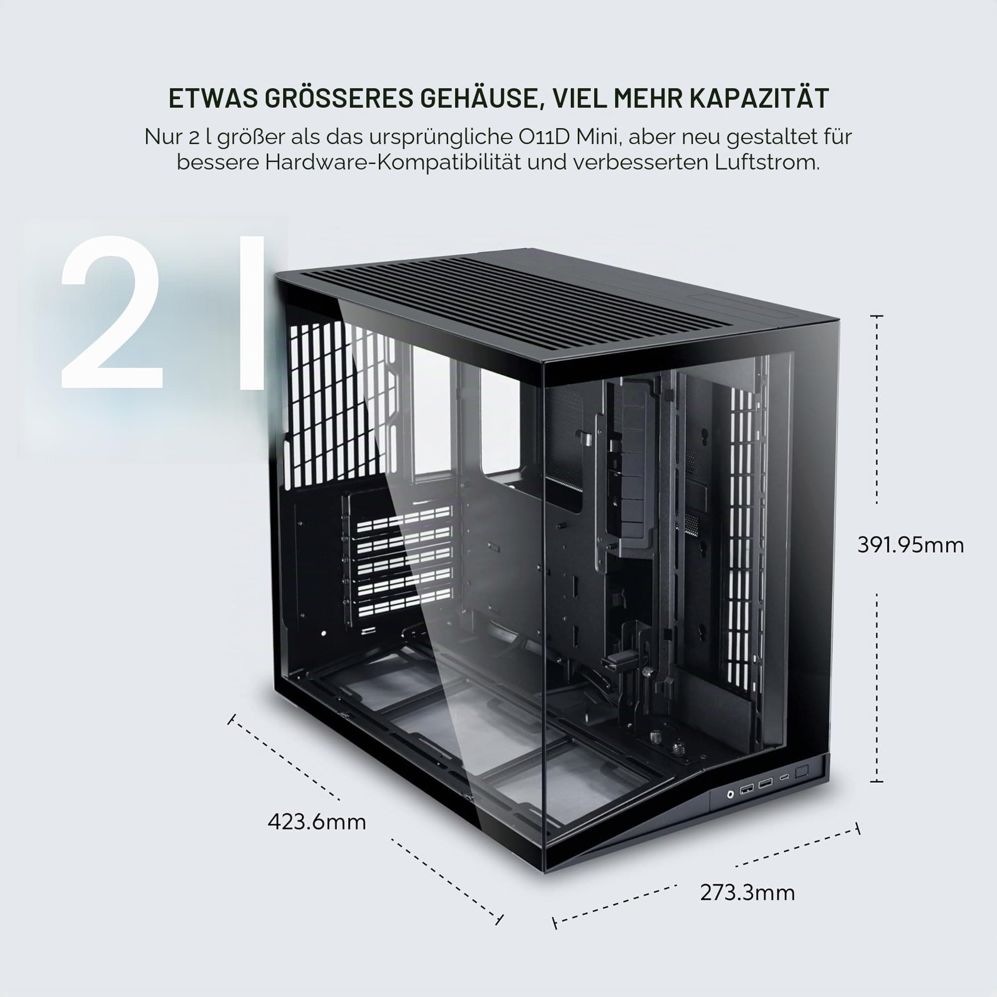 LIAN LI O11D MINI V2 | Kompaktes ATX Mid-Tower Airflow Computergehäuse | Panoramablick | Voll belüfteter Luftstrom | Einstellbarer I/O | Säulenlos | Kabelmanagement | Schwarz (O11DMIV2X) Schwarz Ohne Lüfter Bild 3