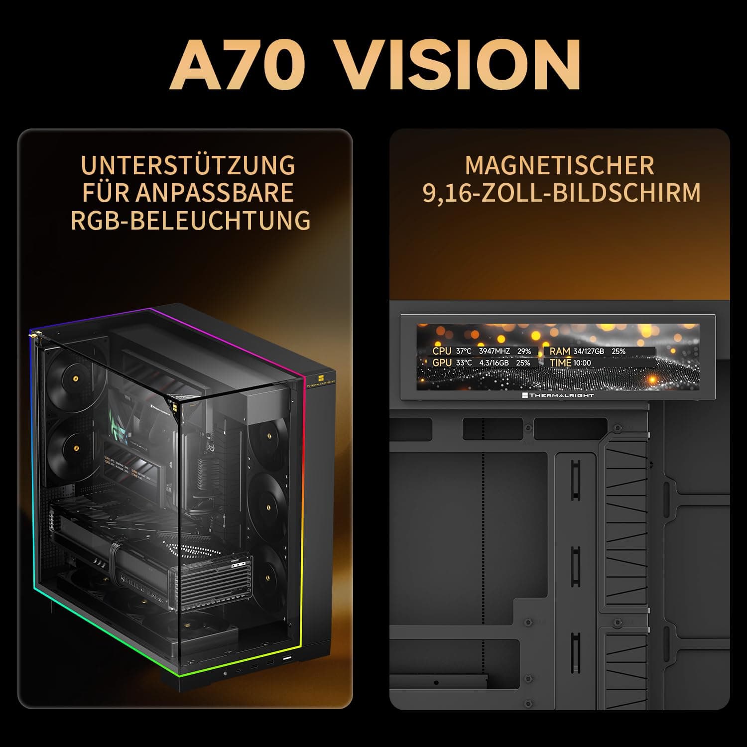 Thermalright A70 Vision PC Gehäuse mit 9,16-Zoll-Display, Panorama-Sicherheitsglas, ATX-Tower Unterstützt ATX-Mainboard/42cm-Grafikkarten,mit ARGB-Lichtleiste und verstecktem Kabelmanagement-Schwarz Bild 8