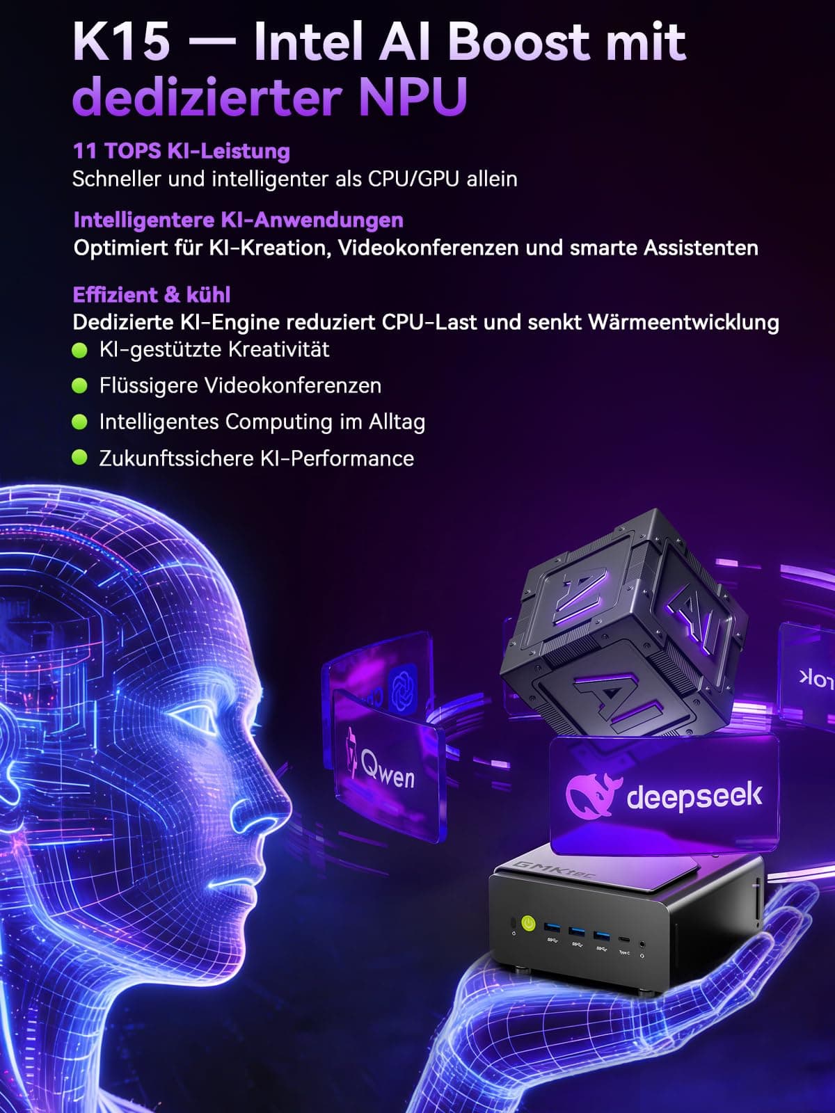 GMKtec Mini Gaming PC Intel Ultra 5 125U(12K/14T Bis zu 4.3GHz), K15 Mini PC 48GB DDR5 4800, 1TB PCIE 4.0 x4, Micro PC mit USB4.0 | 2.5G LAN | Quad 4K Display | Oculink –für Gaming/Büro/Business 48.0 GB 1.0 TB Bild 5