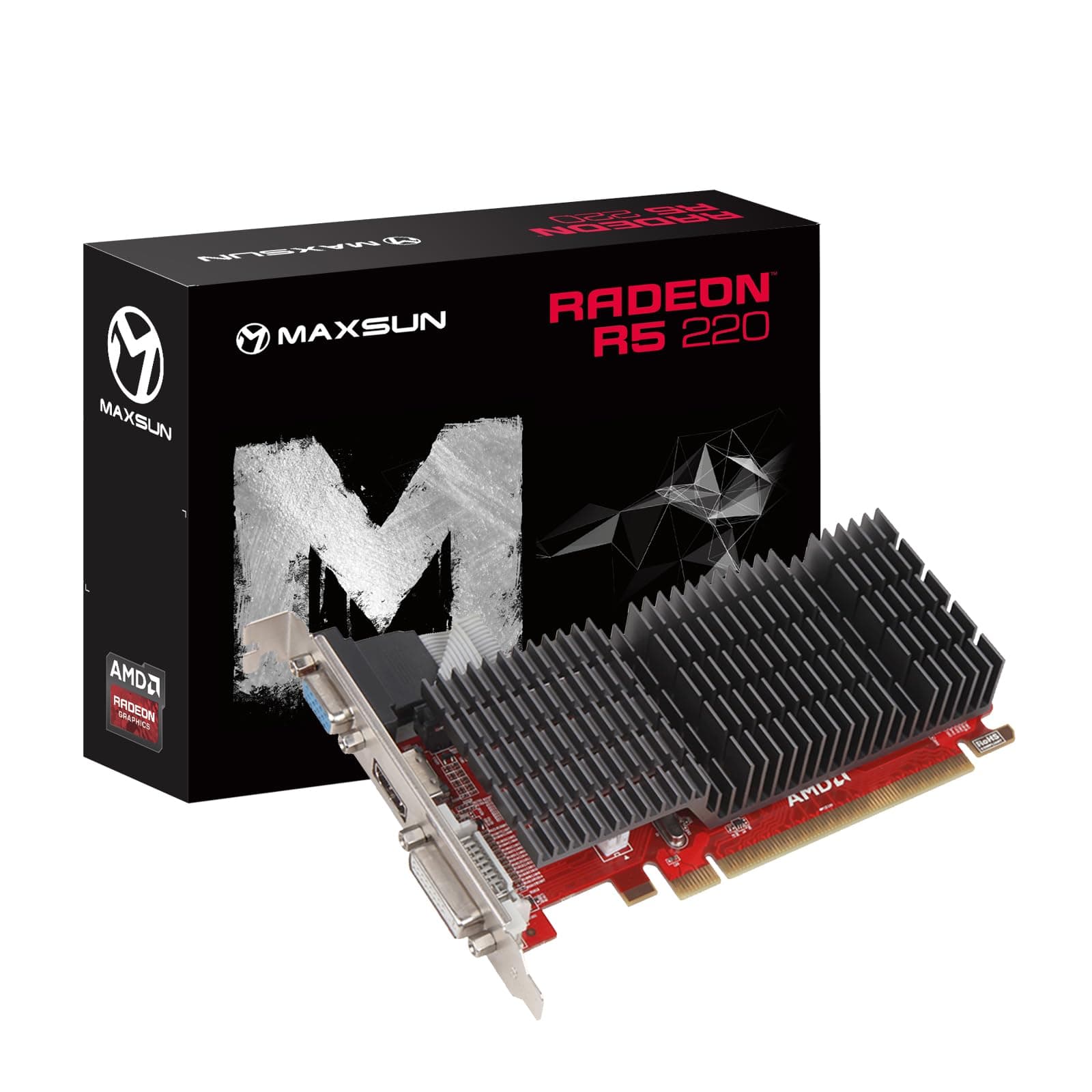 maxsun AMD Radeon R5 220 2GB Silent Grafikkarte (Passiv 0dB Kühlung, Low Profile DVI, VGA, HDMI 64 Bit DDR3 PCI Express X16 Gaming-Grafikkarte)