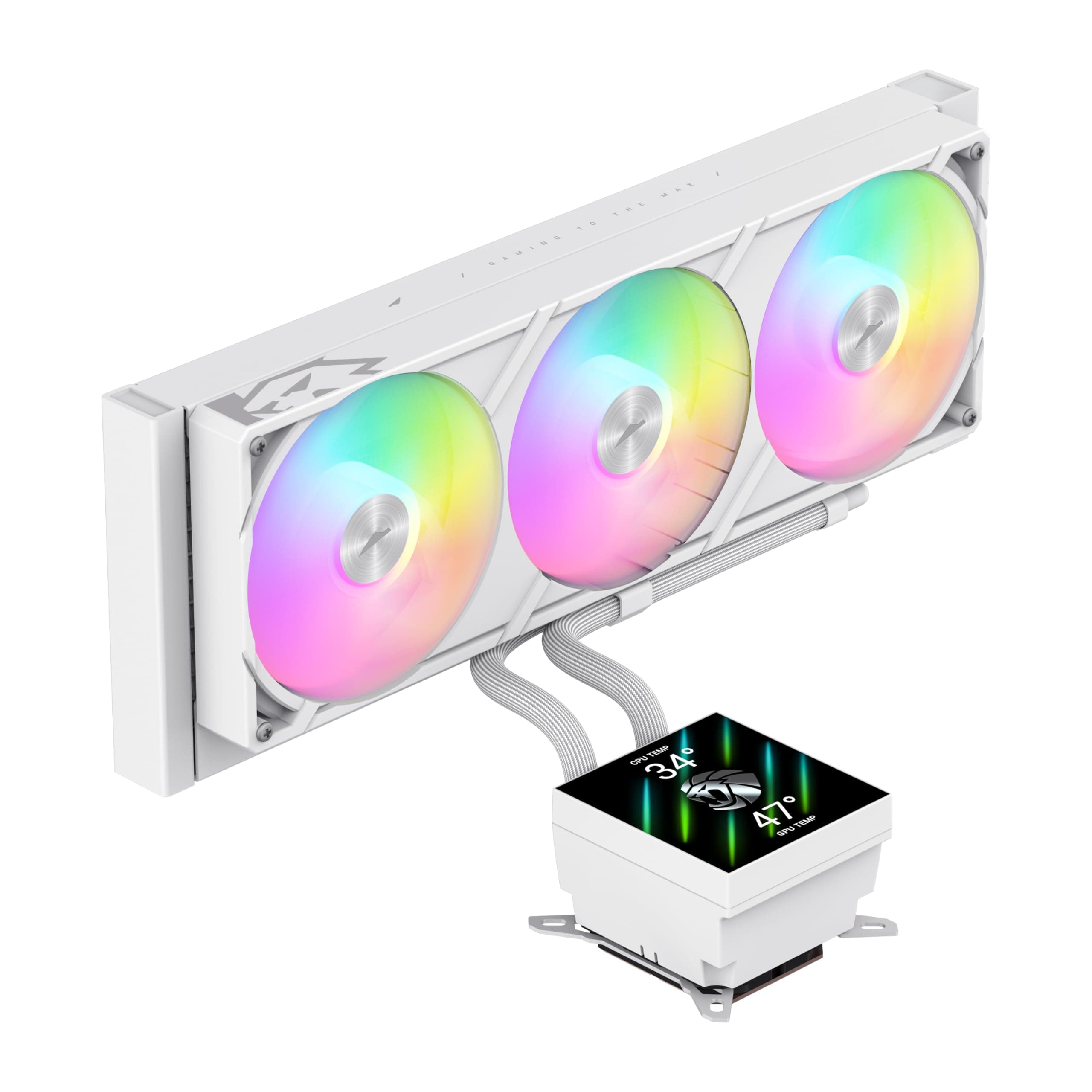 GAMEMAX GLACIER 360 WH AIO Flüssigkeits CPU Kühler, 360mm Radiator, 3,95" 720×720 LCD-Display, seitliche Schlauchführung, magnetisches Display, Intel & AMD kompatibel (Weiß)