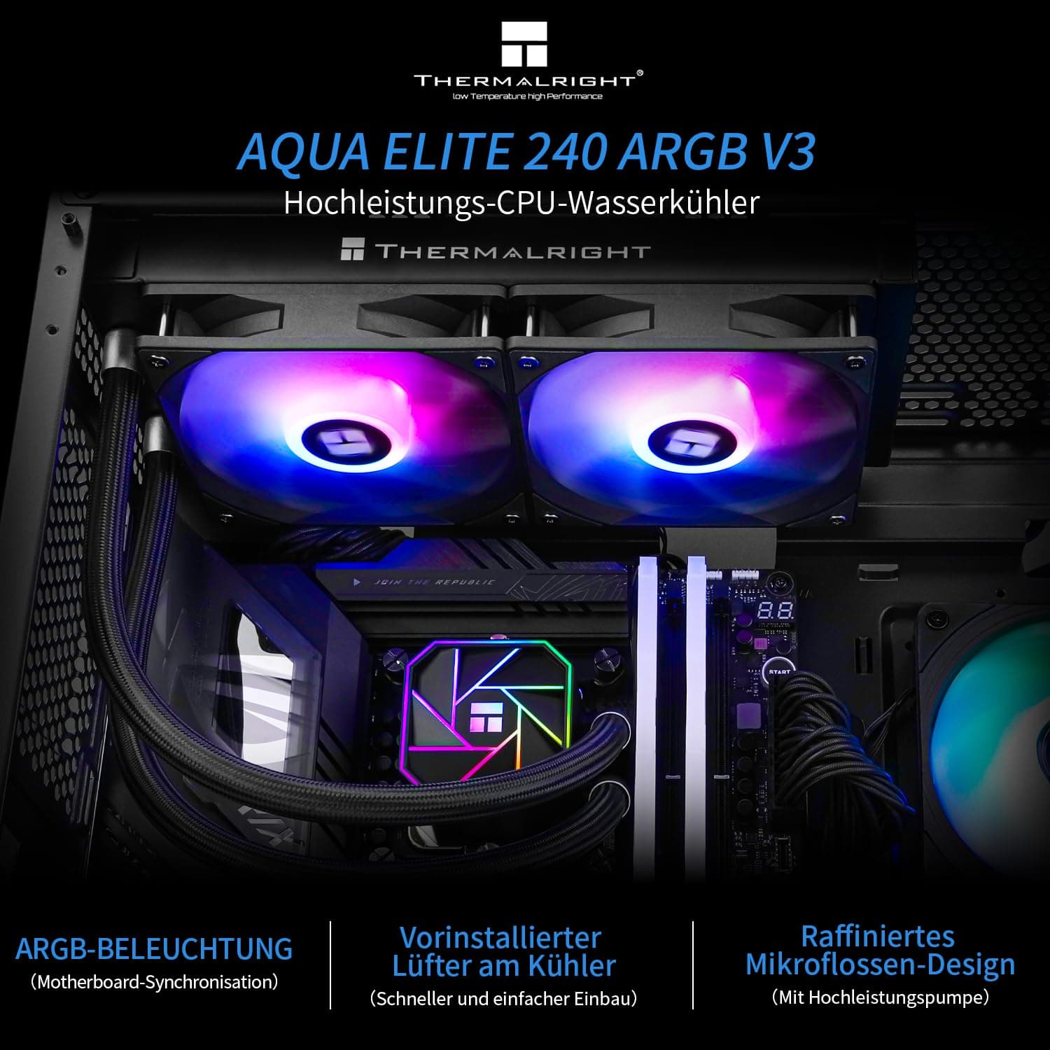 Thermalright AQUA ELITE 240 V3 Flüssig-CPU-Kühler, 240 Kühlreihen, 2 x 120mm PWM-Lüfter, 240mm Aio für AMD/AM4/AM5, Intel LGA1150/1151/1155/1156/1200/1700/1851, Desktop CPU-Kühler AIO Bild 3