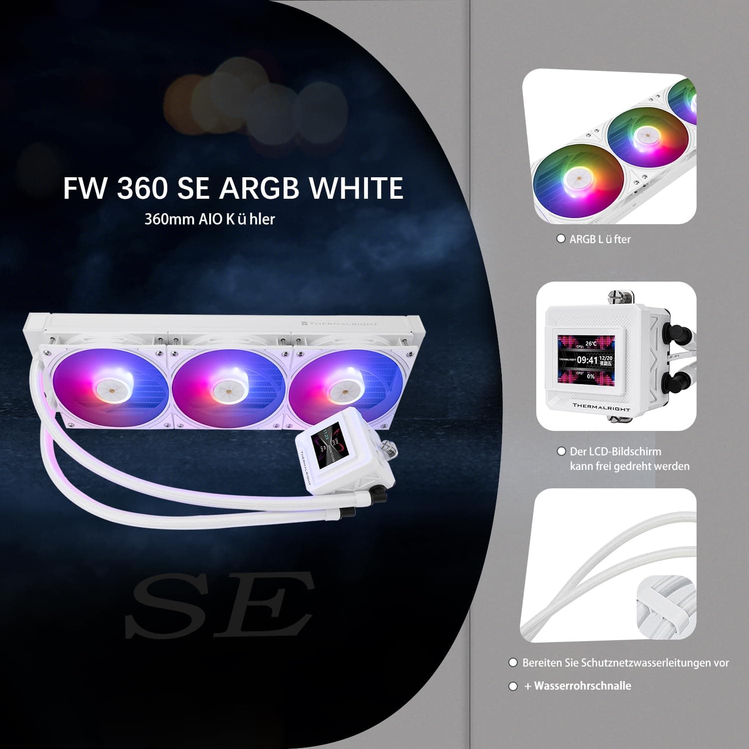 TR-Thermalright FW360 SE Black ARGB Liquid CPU Kühler, 2-Zoll-IPS-LCD-Bildschirm mit 320x240 Auflösung-Magnetisch,DIY-Bildschirmthema,360mm Aio,für AM4/AM5, LGA1851/1700 360mm Schwarz Bild 4