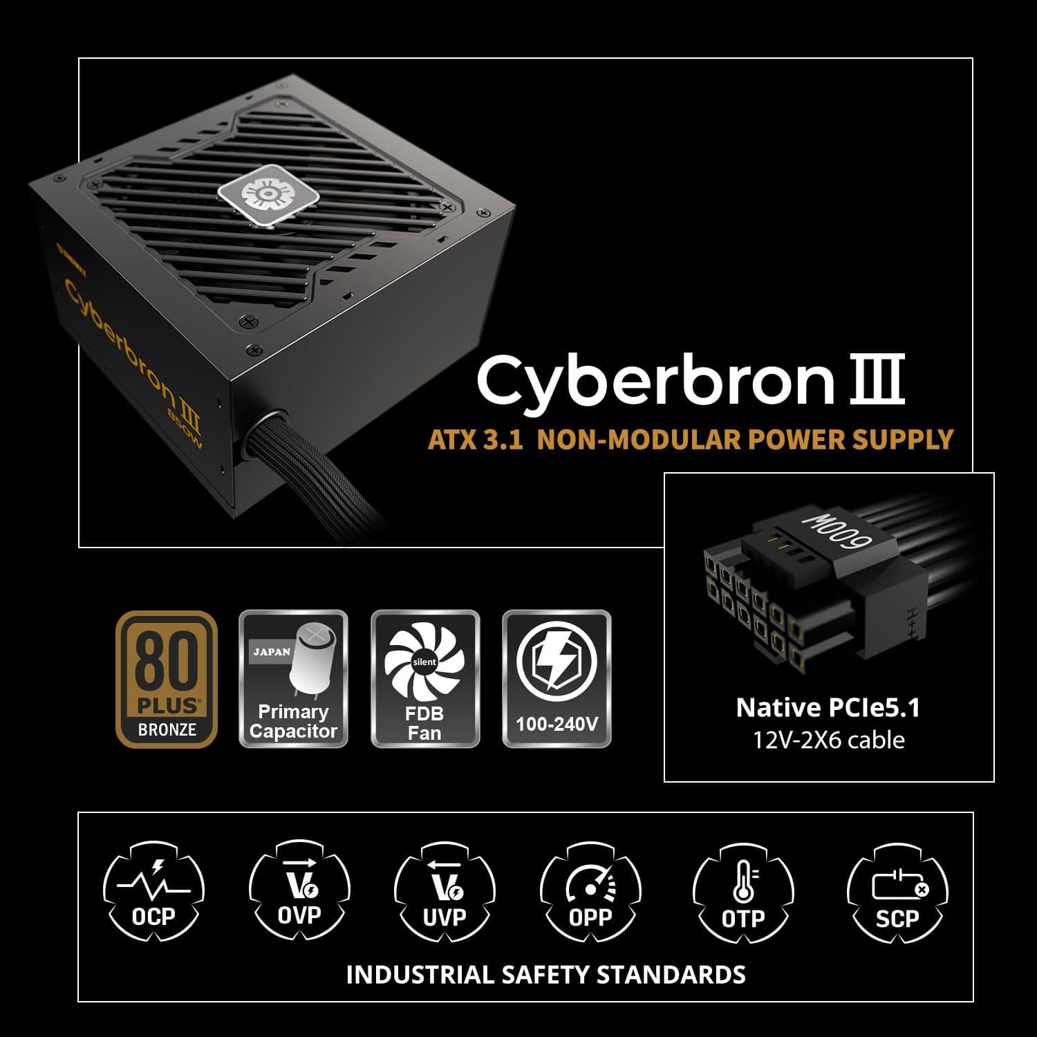 ENERMAX CYBERBRON III 850 Watt|Nicht-modulares ATX 3.1-Netzteil| PCIe 5.1|80 Plus Bronze|geräuscharmer 120mm FDB-Lüfter| DC to DC mit jap. Kondensatoren|EMB850EWT-NAC 850W CYBERBRON III Bild 7