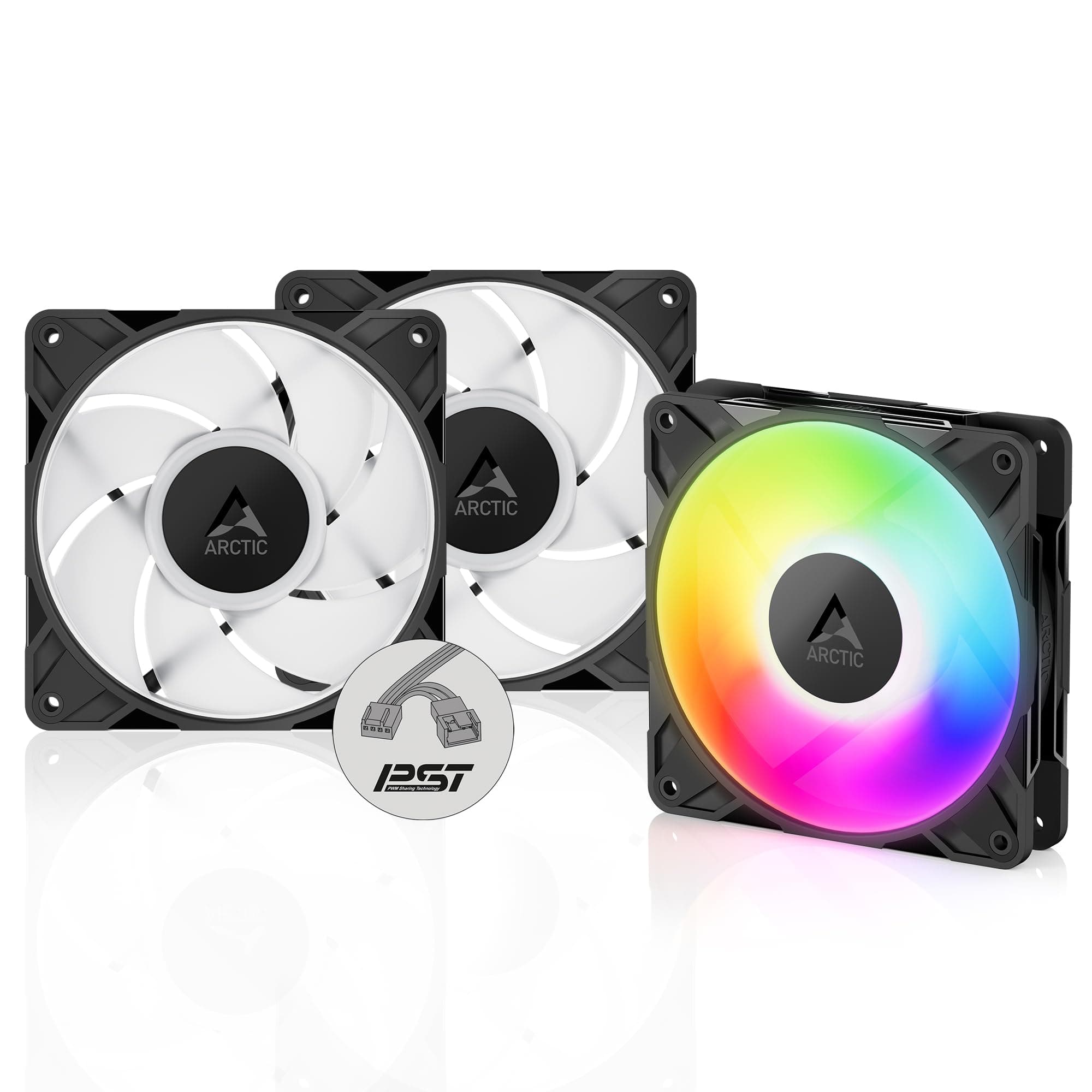 ARCTIC P12 Pro A-RGB (3 Stück) - Leistungsstarker Premium PC Lüfter, 120 mm PWM Case Fan mit Y-Kabelsplitter, 600–3000 rpm, 0 rpm <5% PWM, 5V Digital RGB, Hydrodynamisches Gleitlager, 4-Pin - Schwarz P12 Pro PST A-RGB (3 Stück)