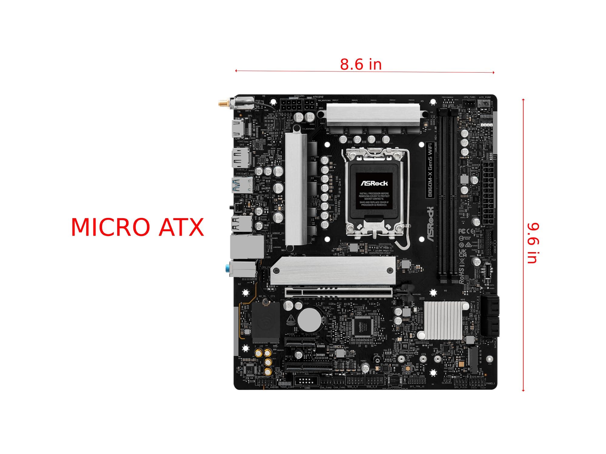 ASRock B860M-X Gen5 WiFi LGA1851 Micro-ATX Motherboard, unterstützt Intel Core Ultra Series 2 Prozessoren, DDR5 9066+(OC), PCIe 5.0 x16, WiFi 6E, 2.5G LAN Bild 3