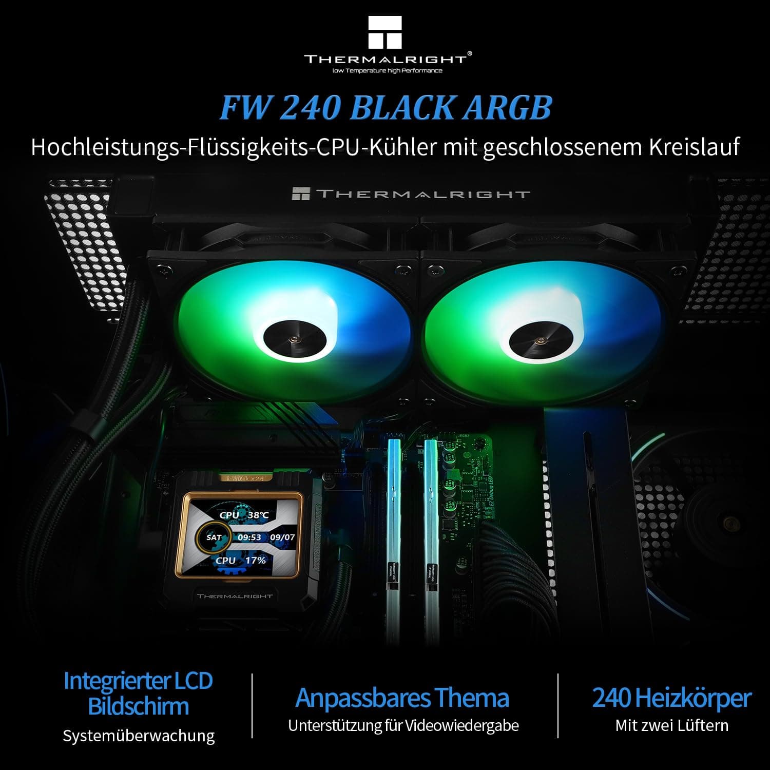 Thermalright FW 240 Schwarz ARGB CPU-Wasserkühlung mit 2 PWM-Lüftern, IPS 320 * 240 Auflösung LCD-Bildschirm, flüssiger CPU-Kühler für Intel PC Aio-Kühler: AM4/AM5/LGA1700/1851 FW 240 BLACK ARGB Bild 3