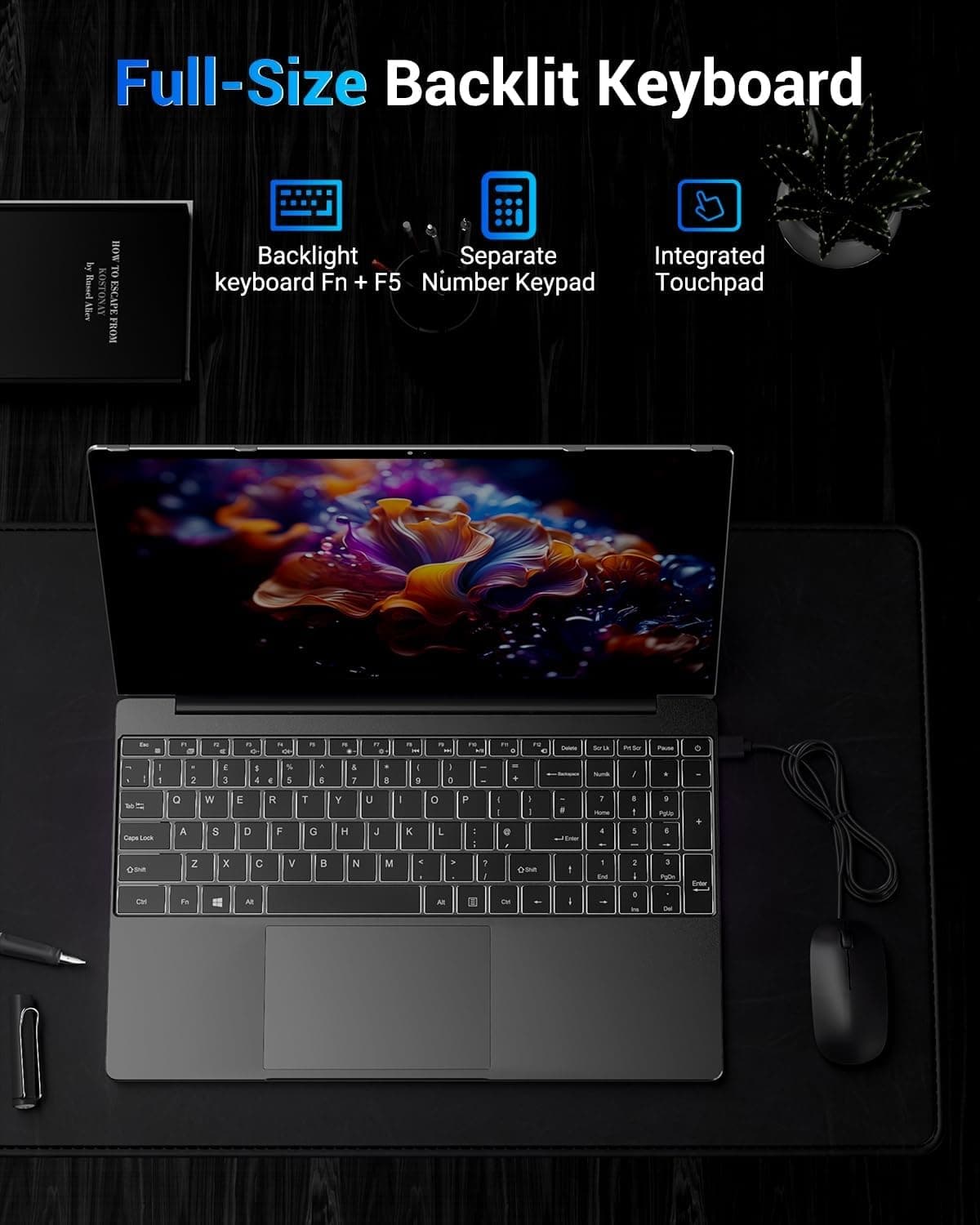 Laptop 15,6 Zoll, 16 GB RAM 512 GB SSD, N95-CPU (bis zu 3,4 GHz), hintergrundbeleuchteter Tastatur-Laptop, Win11 Laptops, Typ-C, 5G WiFi, BT 5.0, Typ-C, HDMI, USB, Maus inkl. Grau Bild 5
