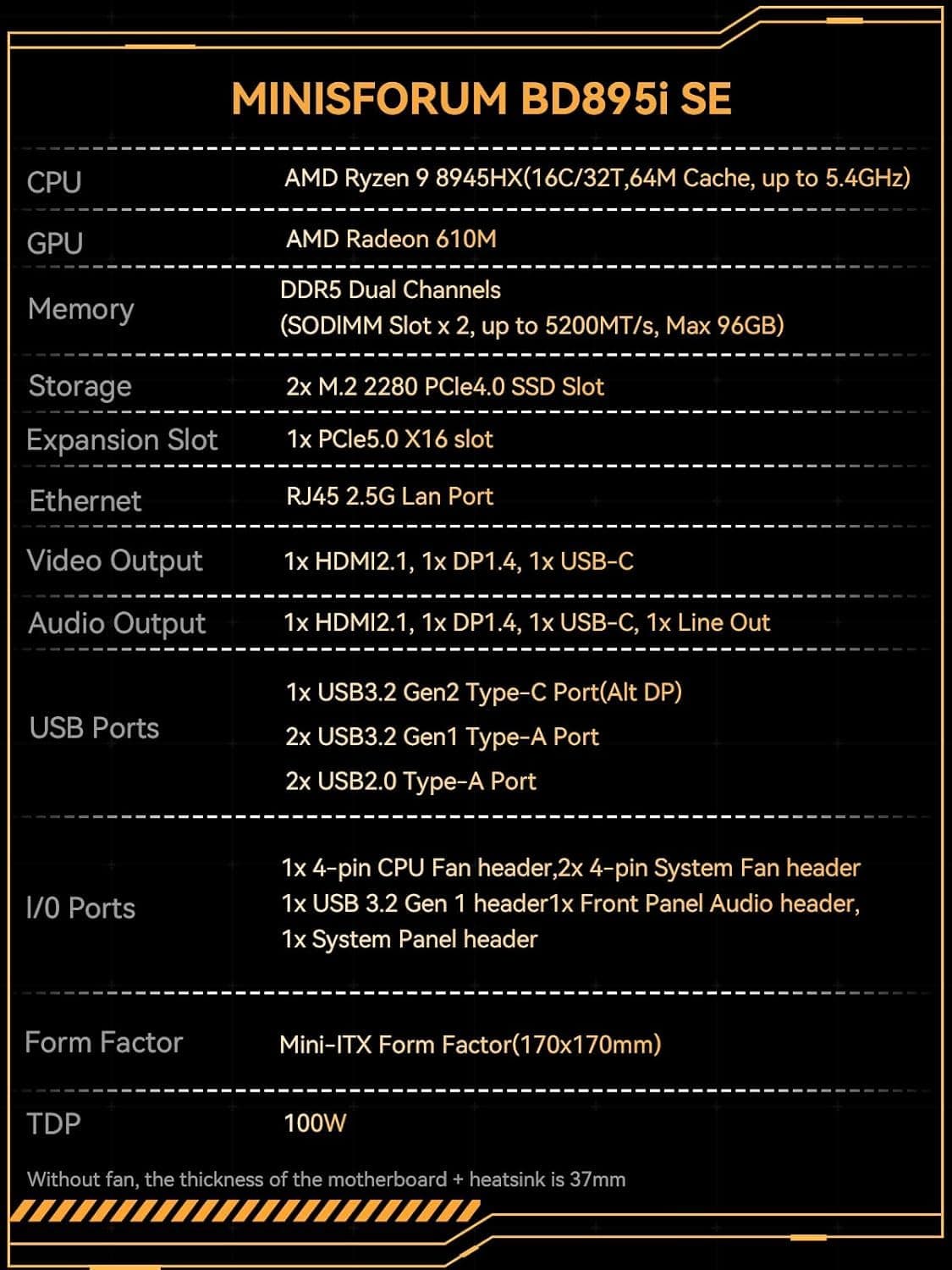 MINISFORUM BD895i SE Mini-ITX-Mainboard, AMD Ryzen 9 8945HX (16 C / 32 T, bis zu 5,4 GHz), PCIe 5.0 x16-Steckplatz, Zwei M.2 PCIe 4.0-Steckplätze, DDR5, HDMI/DP/USB-C, RJ45 2,5 GbE, USB 3.2 Gen 2 Bild 5