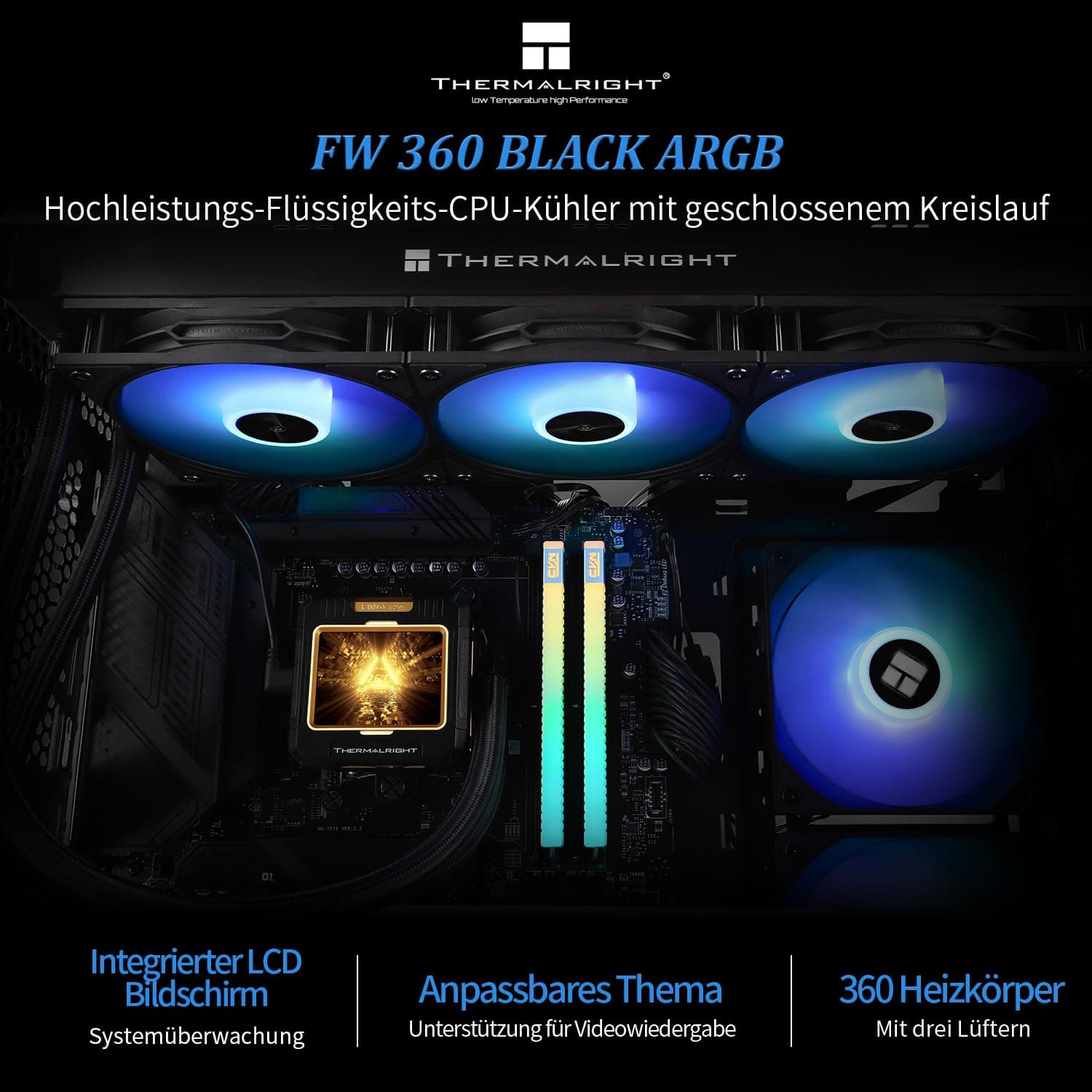 Thermalright FW 360 Schwarz ARGB CPU-Wasserkühlung mit 3 PWM-Lüftern, IPS 320 * 240 Auflösung LCD-Bildschirm, flüssiger CPU-Kühler für AMD/Intel PC Aio-Kühler: AM4/AM5/LGA1700/1851 FW 360 BLACK ARGB Bild 3