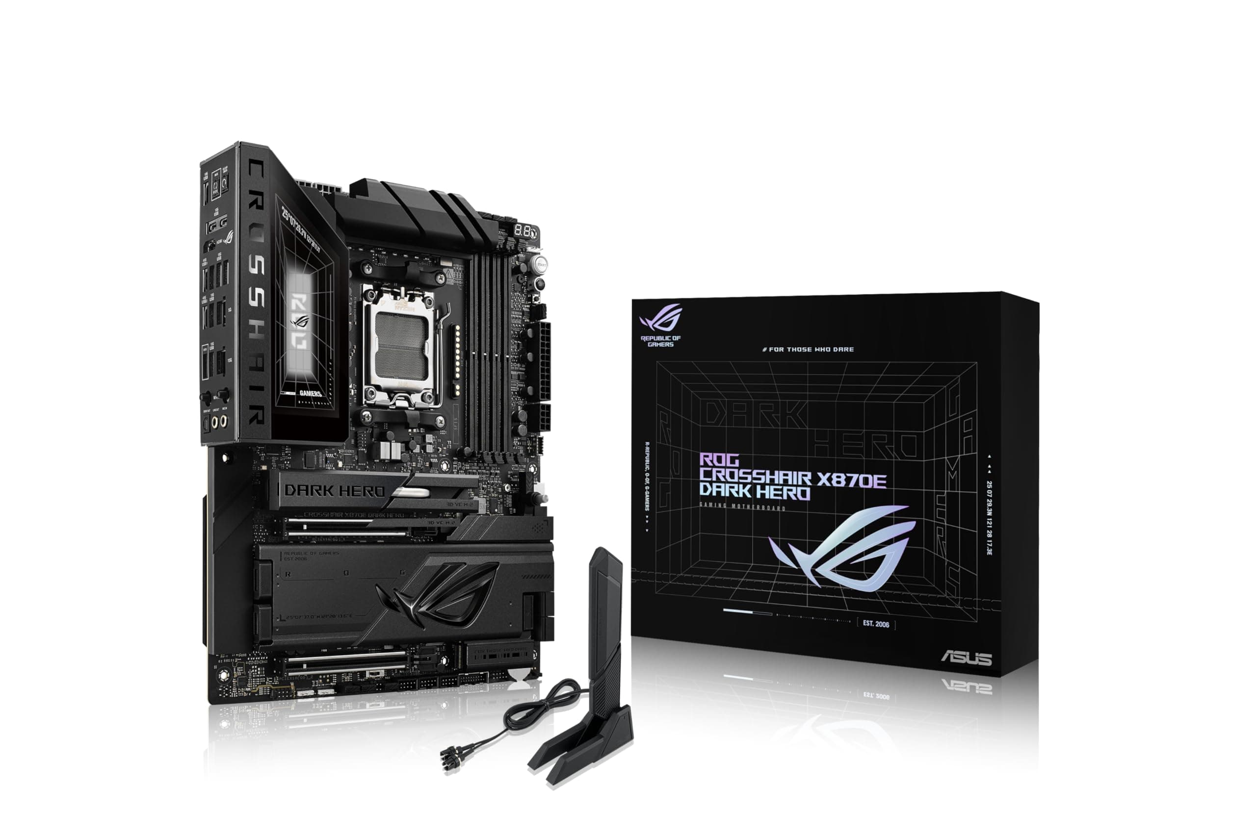 ASUS ROG Crosshair X870E Dark Hero ATX Motherboard, 20 + 2 + 2 Leistungsstufen, DDR5 Steckplätze, PCIe 5.0, fünf M.2 Slots, 3D VC M.2 Kühlkörper, USB4, AI Cache Boost, PCIe Slot Q-Release, AIO
