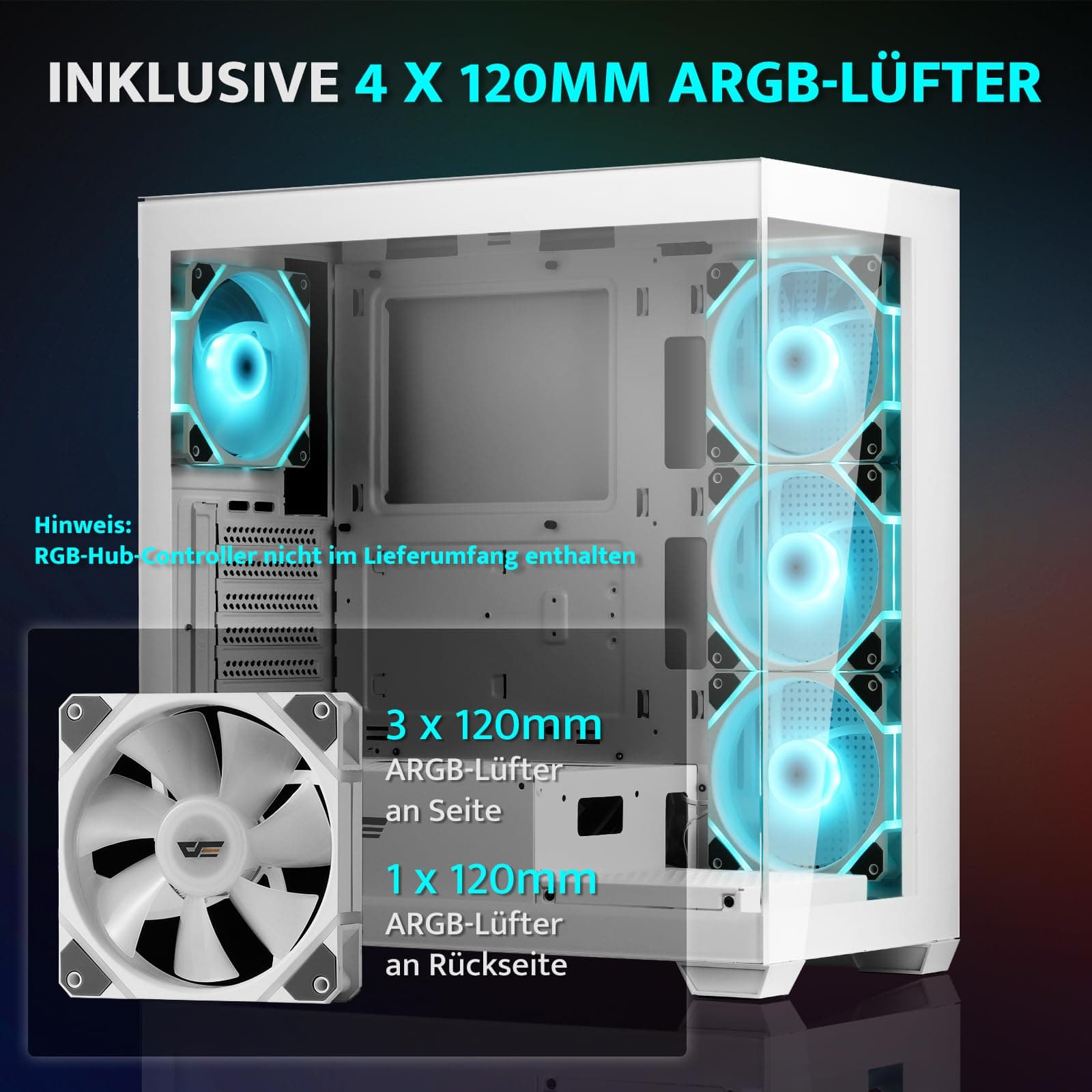 darkFlash ATX Mid-Tower PC-Gehäuse, vorinstallierte 4 PWM ARGB-Lüfter, Gaming-PC-Gehäuse mit doppelter Sichtscheibe gehärtetem Glas, Typ-C, unterstützt Wasserkühlungsradiatoren 360mm, Weiß (DS900) Weiß(4 ARGB PWM Lüfter) Bild 7