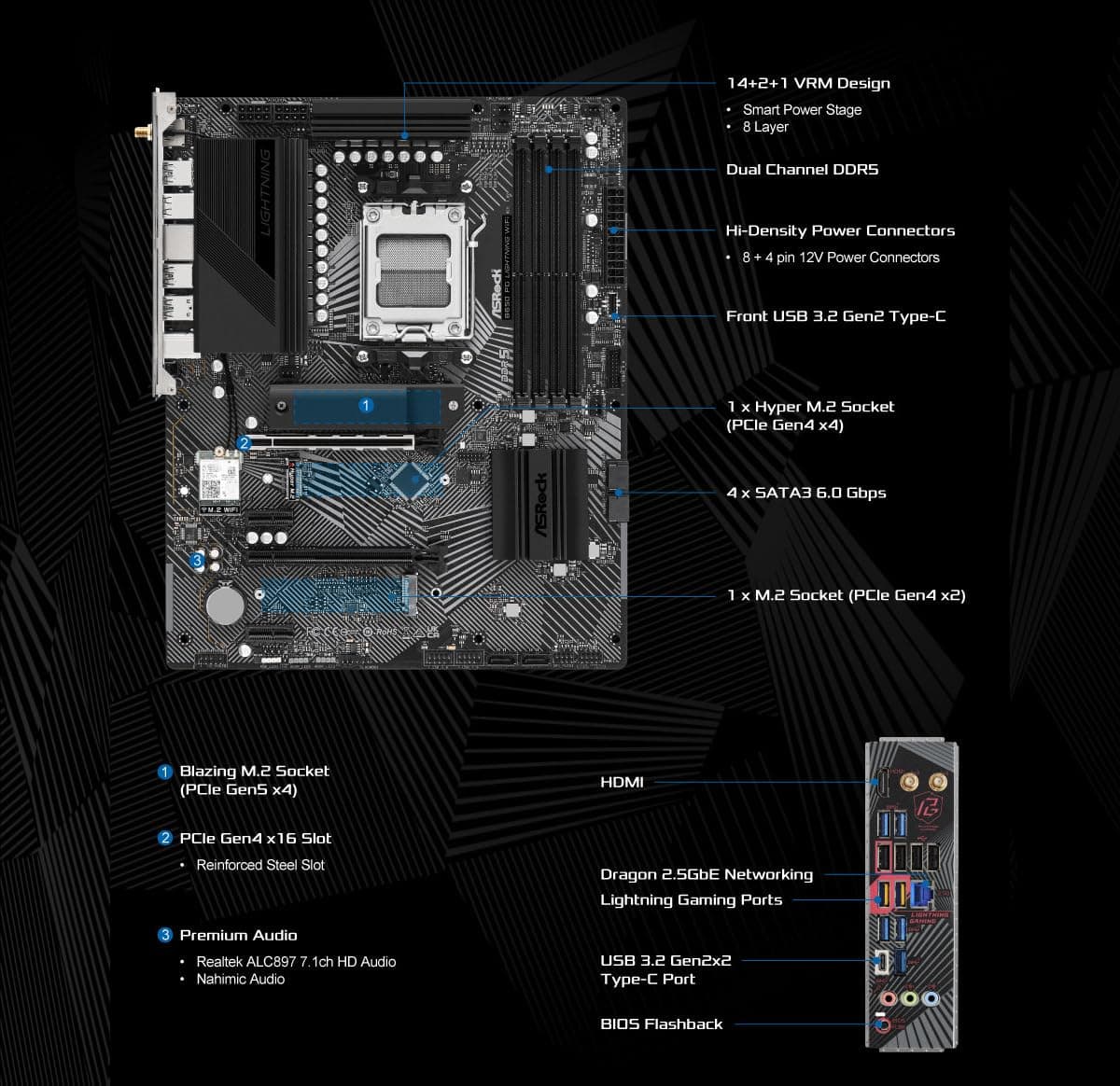 ASRock B650 PG Lightning WiFi Sockel AM5 ATX Motherboard, unterstützt AMD Ryzen 9000/8000/7000 Series, DDR5 7200+ (OC), PCIe Gen5 M.2, WiFi 6E, 2.5G LAN Bild 5