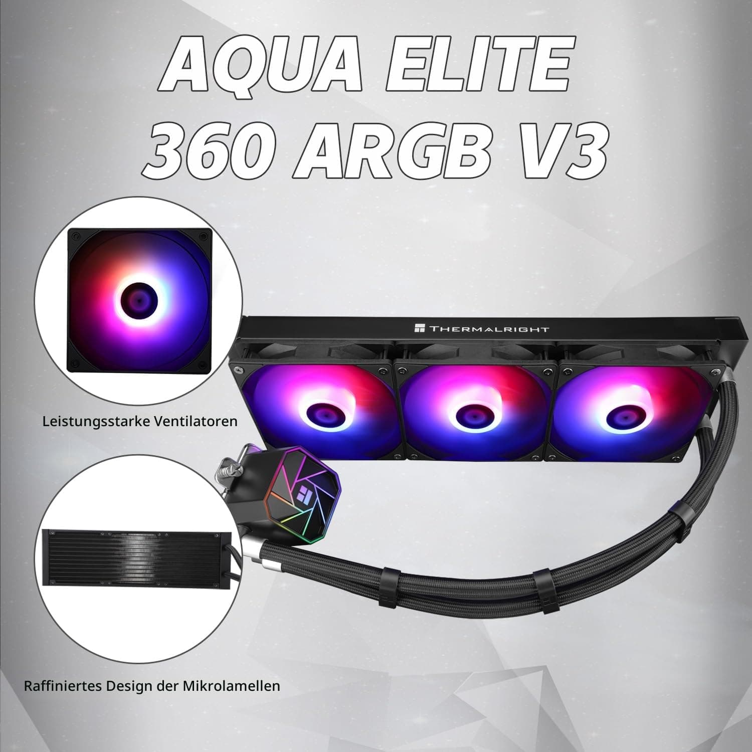 TR AQUA ELITE 360 V3, 3 x ARGB PWM Lüfter mit S-FDB-Lager, effiziente PWM-gesteuerte Pumpe, für AMD / AM4 / AM5 Intel LGA1150 / 1151/1200 / 2011/1700 (AE360 V3) 360mm 360-BLACK Bild 3
