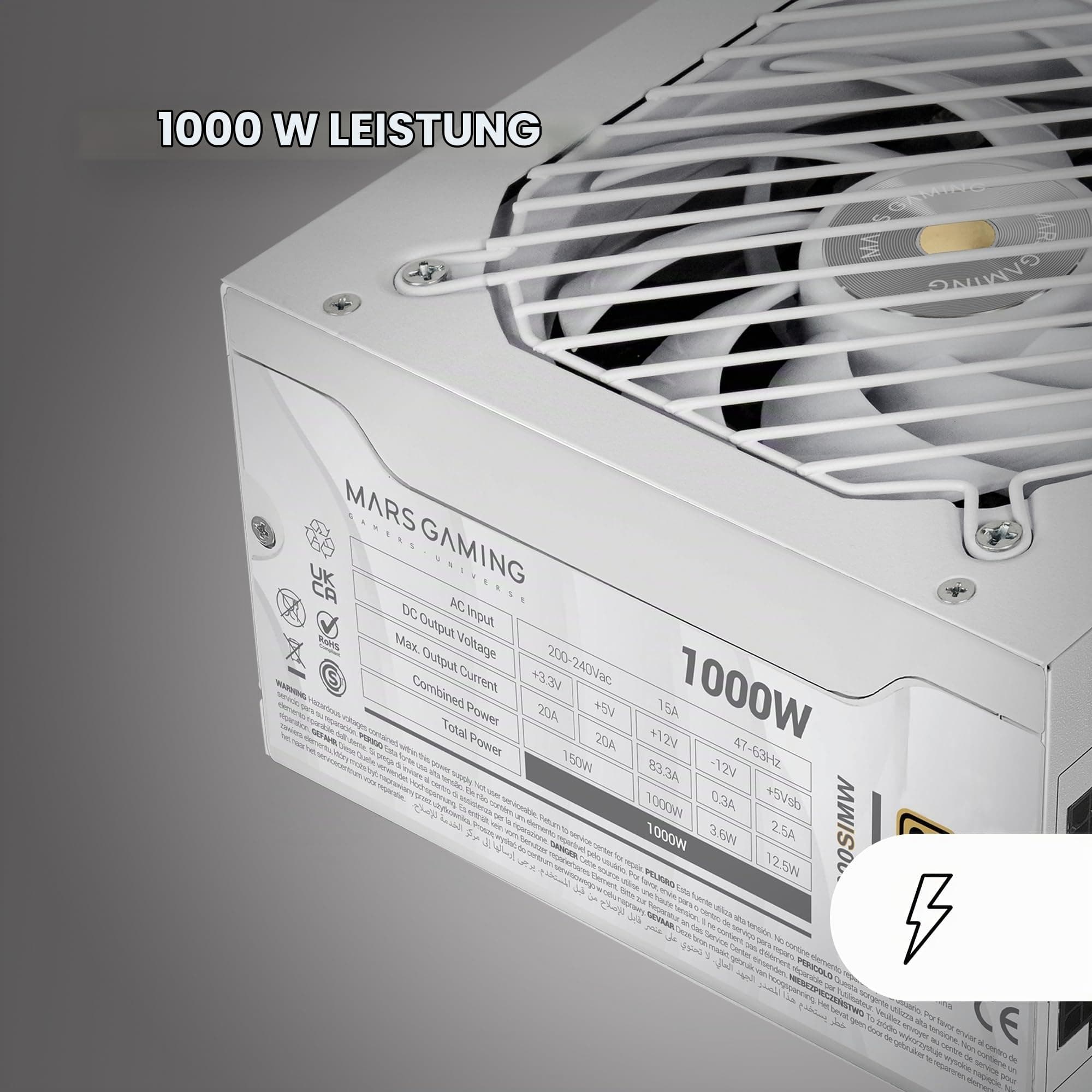 Mars Gaming MPB1000SIM, Vollmodulares ATX 1000W-Netzteil, 7 Jahre Garantie, 80Plus Gold 90%, SI Extreme Silence 140mm-Lüfter, AI2-RPM-Technologien, Japanische Kondensatoren, Weiß MPB1000SIMW Bild 3