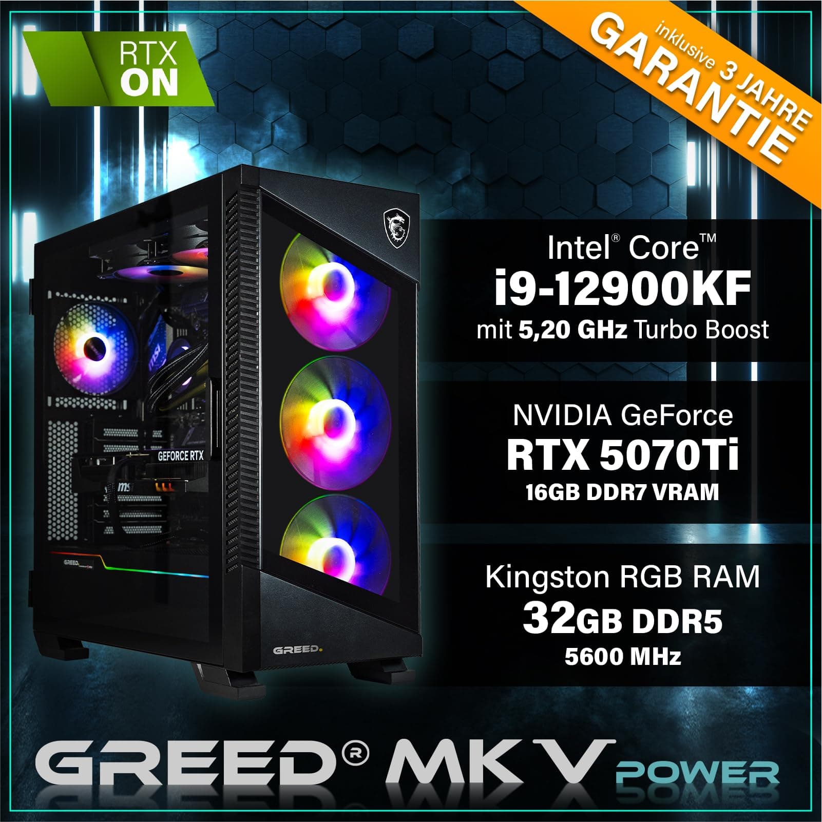 Greed® MK5 Power - High End Gaming PC - Intel Core i9 12900KF + Nvidia Geforce RTX 5070Ti 16GB - Schneller RGB Computer + 4K Raytracing Rechner - 5,2 GHZ - 32 GB DDR5 RAM - 1TB SSD - WLAN + W11 Pro MK5 POWER | 5070 Ti INTEL Bild 3