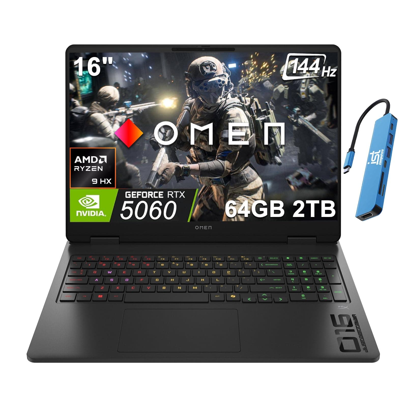 HP OMEN 16 Slim Gaming Laptop mit Headset (AMD Ryzen 9 8940HX, 64GB DDR5, 2TB SSD, NVIDIA RTX 5060 8GB, 16-core (>Ultra 7-155H)), FHD+ 144Hz Display, 4-Zonen RGB-Hintergrundbeleuchtung, IR-Webcam 64GB|2TB + Headset