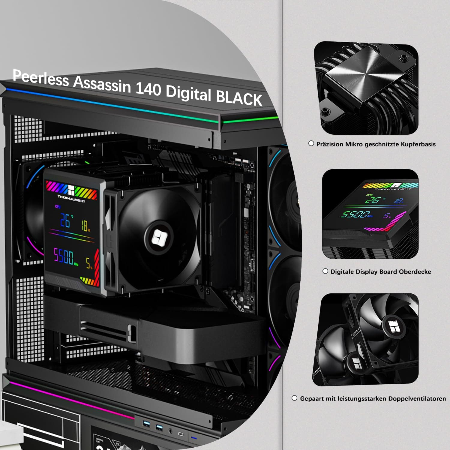 TR-Thermalright Peerless Assassin 140 Digital Black CPU-Kühler,Double Tower mit 6 Heatpipes, DualCPU Lüfter-1850U/min,Obere Abdeckung der Digitalanzeigeplatine-Magnetisch,für AM5,Intel LGA1851/1700 Bild 3