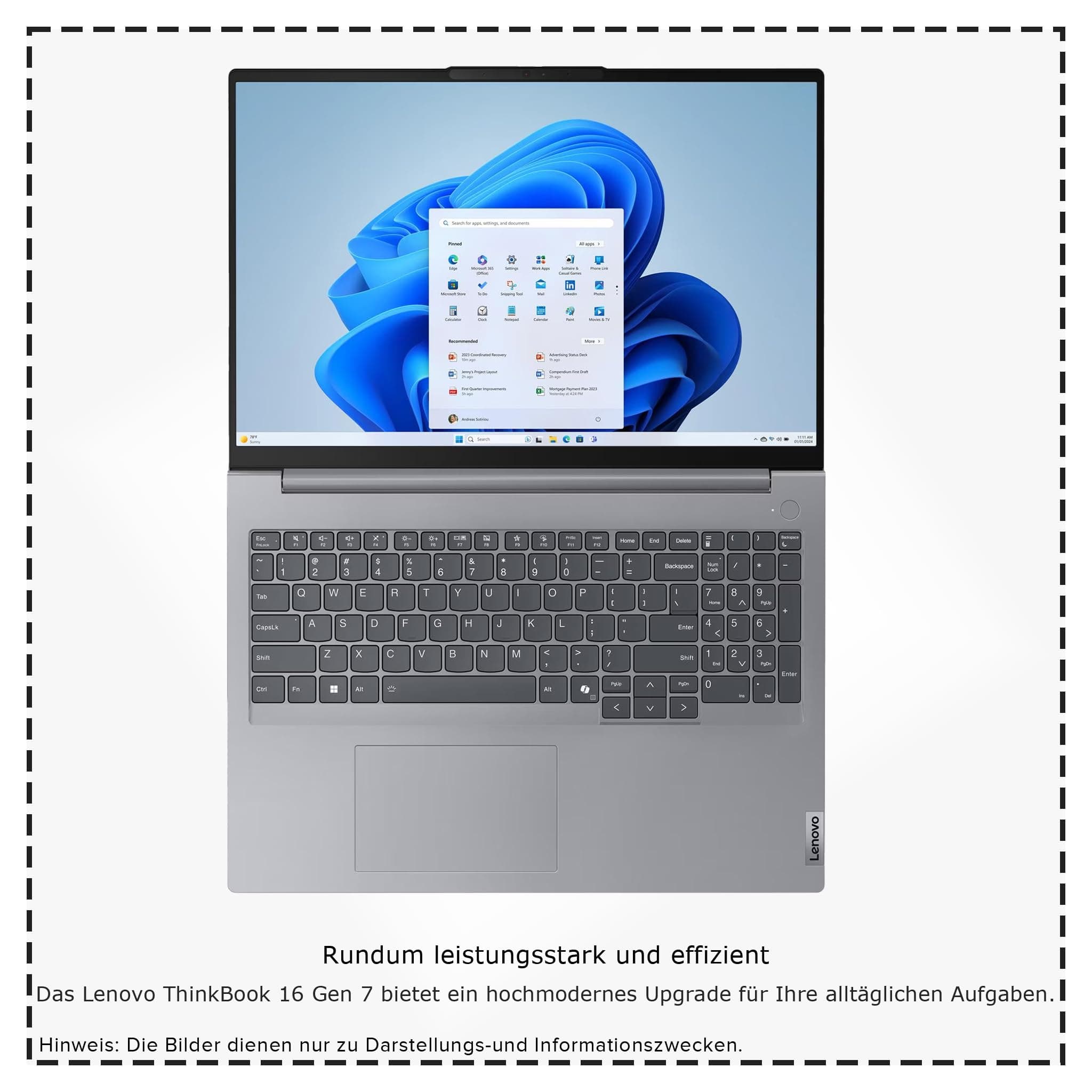 Lenovo ThinkBook 16 G7 ARP Business Laptop, AMD Ryzen 5-7535HS, 16 GB DDR5 RAM, 512 GB PCIe SSD, 16" WUXGA Display, AMD Radeon 660M Graphics, Deutsches Tastatur-Layout, Windows 11 Pro, Arctic Grey 16 GB RAM | 512 GB SSD Windows 11 Pro Bild 8
