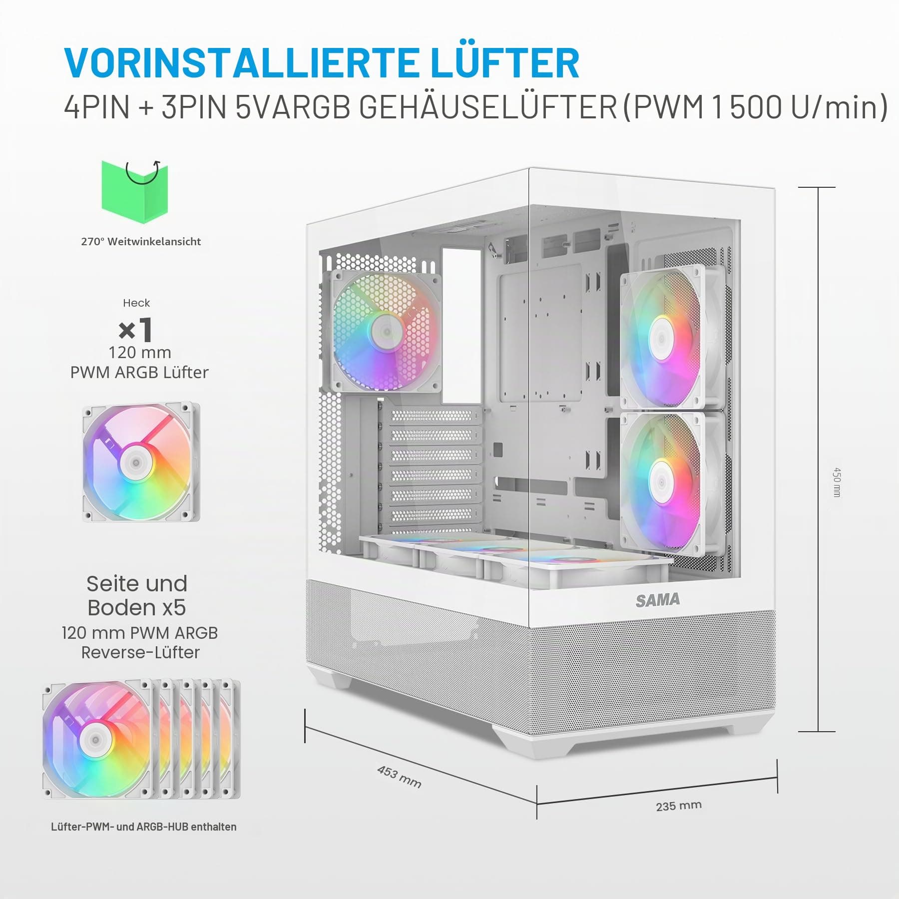 SAMA V40 Mid-Tower-ATX-Gehäuse – 6 × 120 mm ARGB-PWM-Lüfter vorinstalliert, doppelte Paneele aus gehärtetem Glas,Dual-Chamber-Design, USB 3.1 Type-C, 7 Slots, unterstützt ATX/mATX/ITX-GPUs, Weiß Bild 3